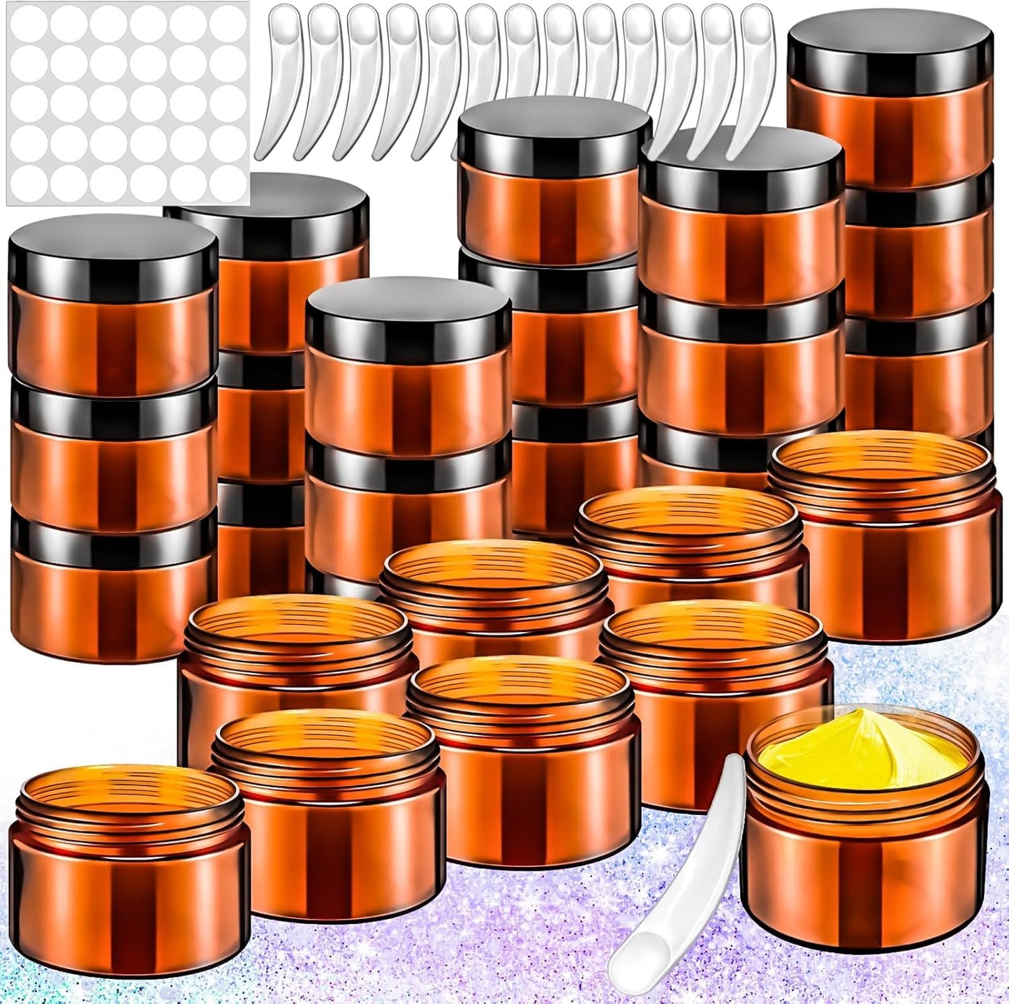 Amber Plastic Jars - 20 Pack 1oz Refillable Makeup Containers | Leakproof Travel Jars for Cream, Lotion, Powder