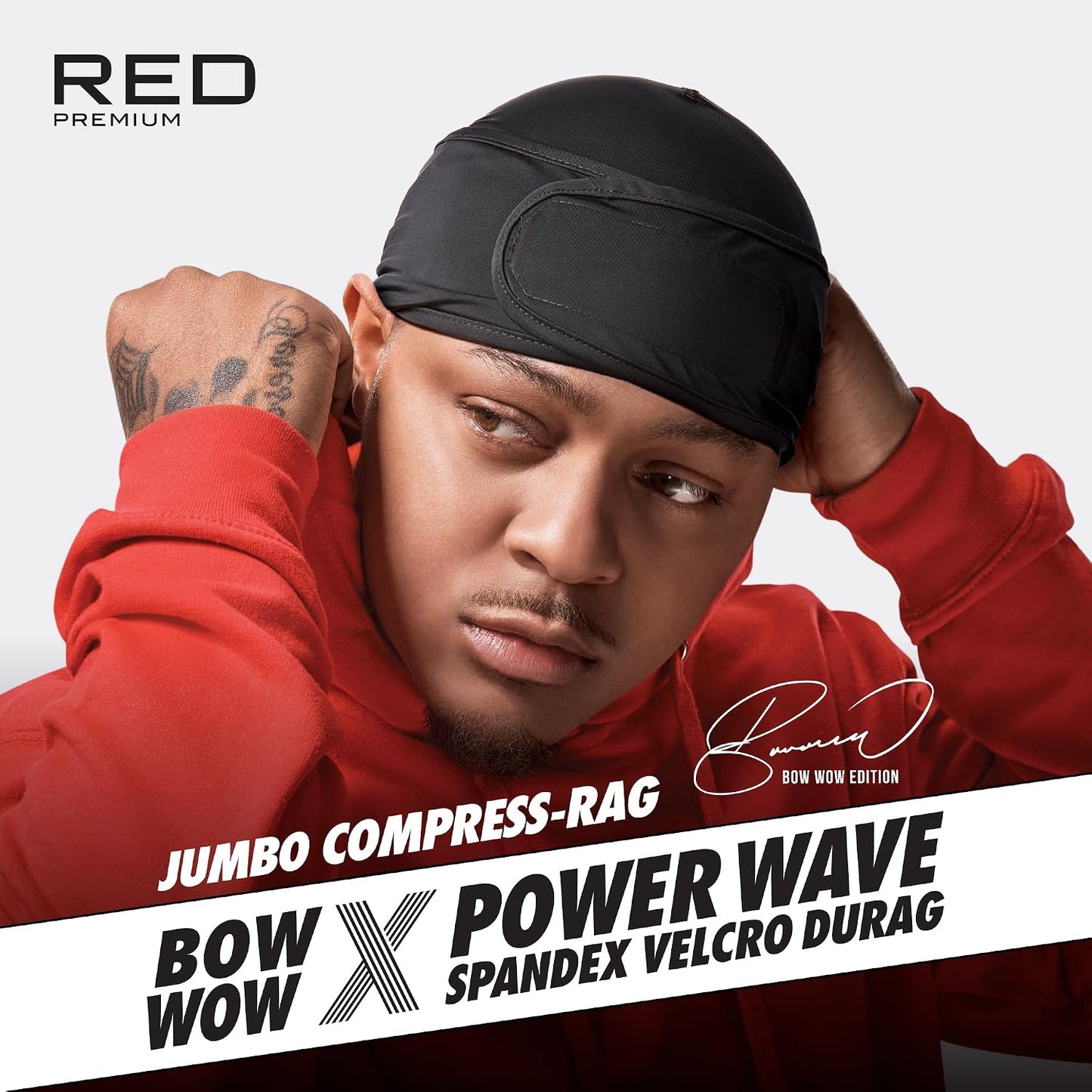 Premium Bow Wow X Power Wave Durag - 360 Wave Compression Cap for Men & Women | Adjustable Hook-and-Loop Strap, Jumbo Spandex - Black