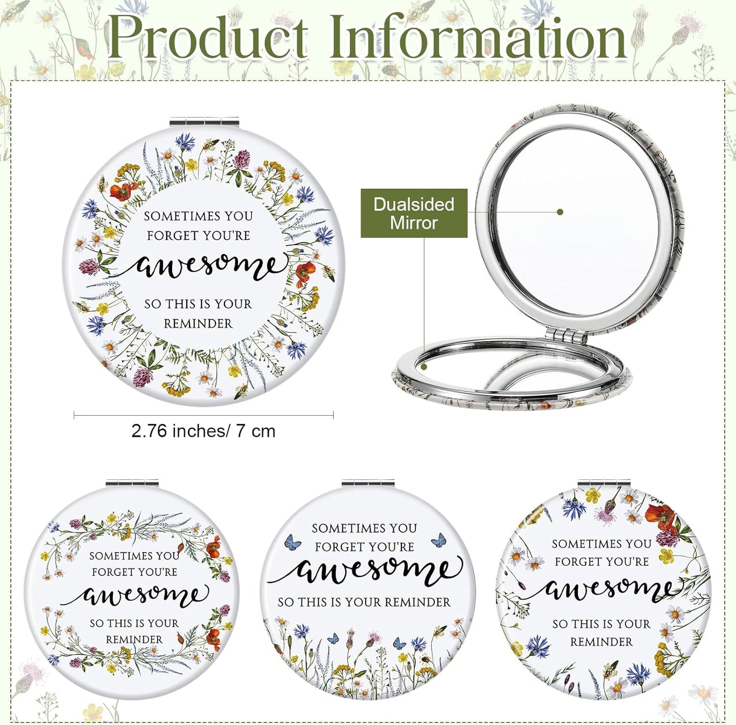Inspirational Compact Mirror Set - 12 Mini Double-Sided Folding Mirrors | Perfect Gift for Nurses, Teachers & Coworkers (Wildflower)