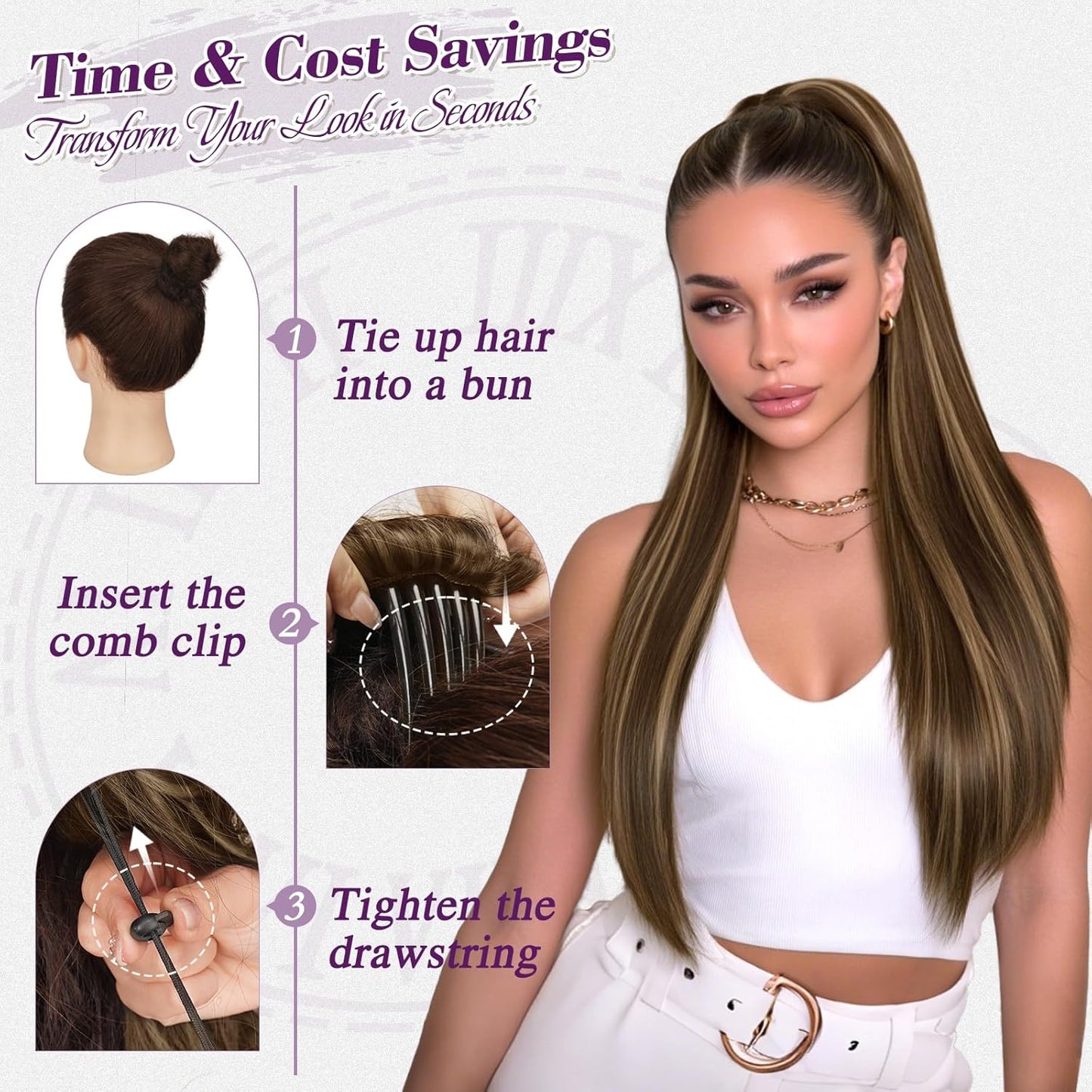Straight Drawstring Ponytail Extension - 28 Inch Long Natural-Looking Layered Soft Synthetic Hairpiece | Brown with Blonde Highlights