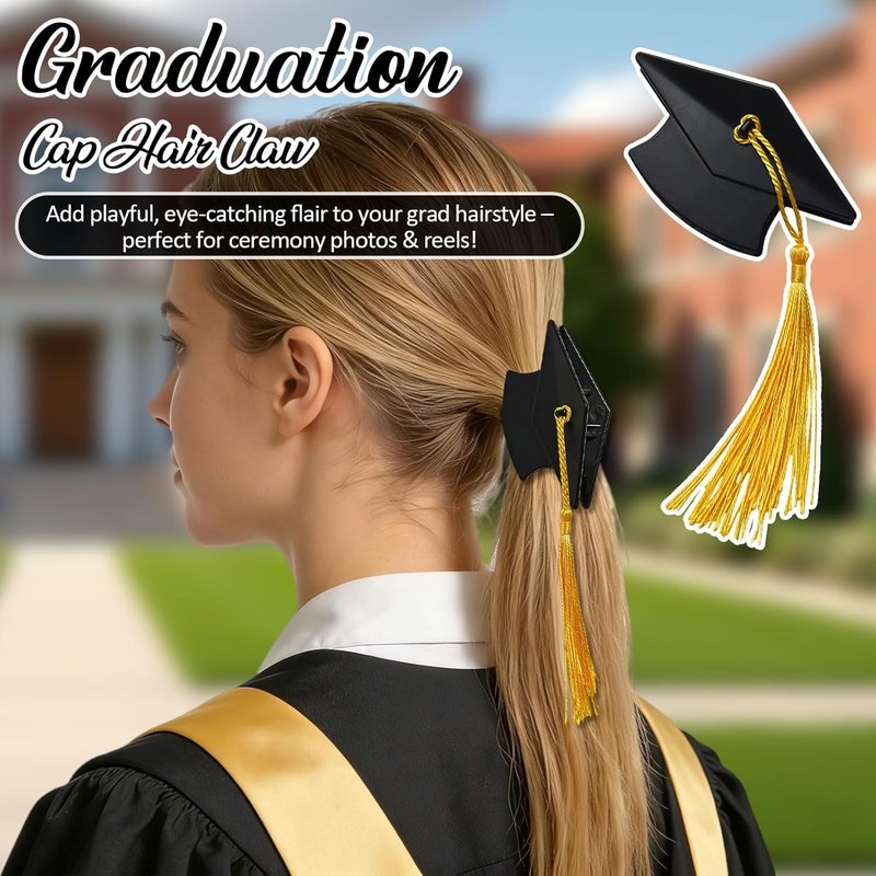 Graduation Cap Hair Claw Clip - Stylish Mini Headband with Gold Tassel | Perfect for Women & Girls (Black)