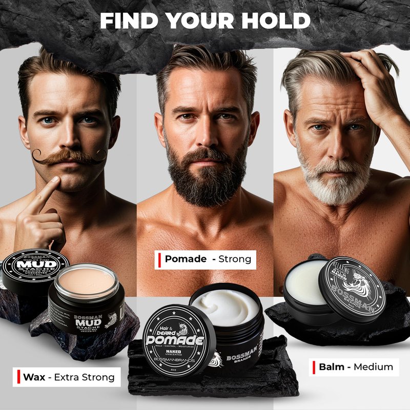Bossman Hair & Beard Pomade for Men (Naked - Unscented) – Medium Hold & Moisturizing for Hair, Beard & Mustache Styling – Made in USA
