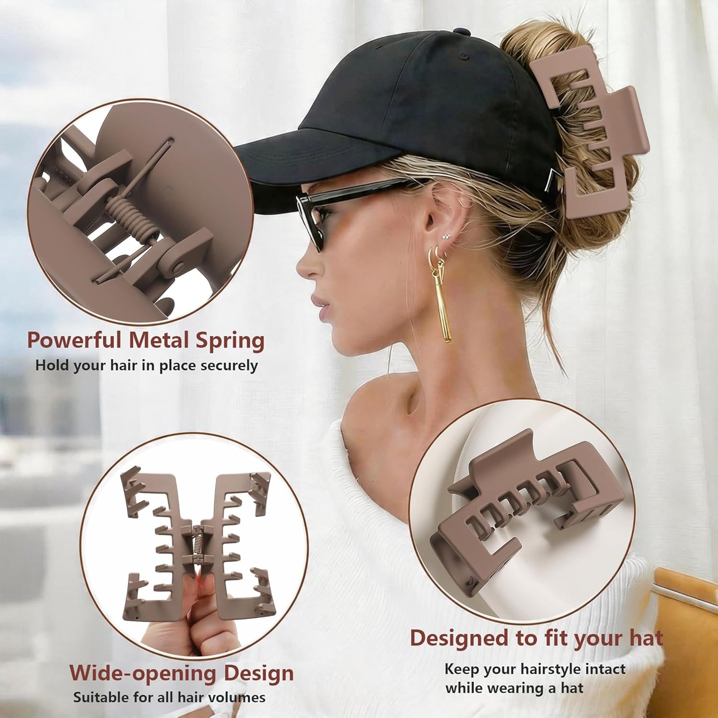 Hat-Friendly Claw Clips - 4 Pack Large Strong Hold Clips for Baseball Caps | Matte Finish Hair Accessories for Thick or Thin Hair