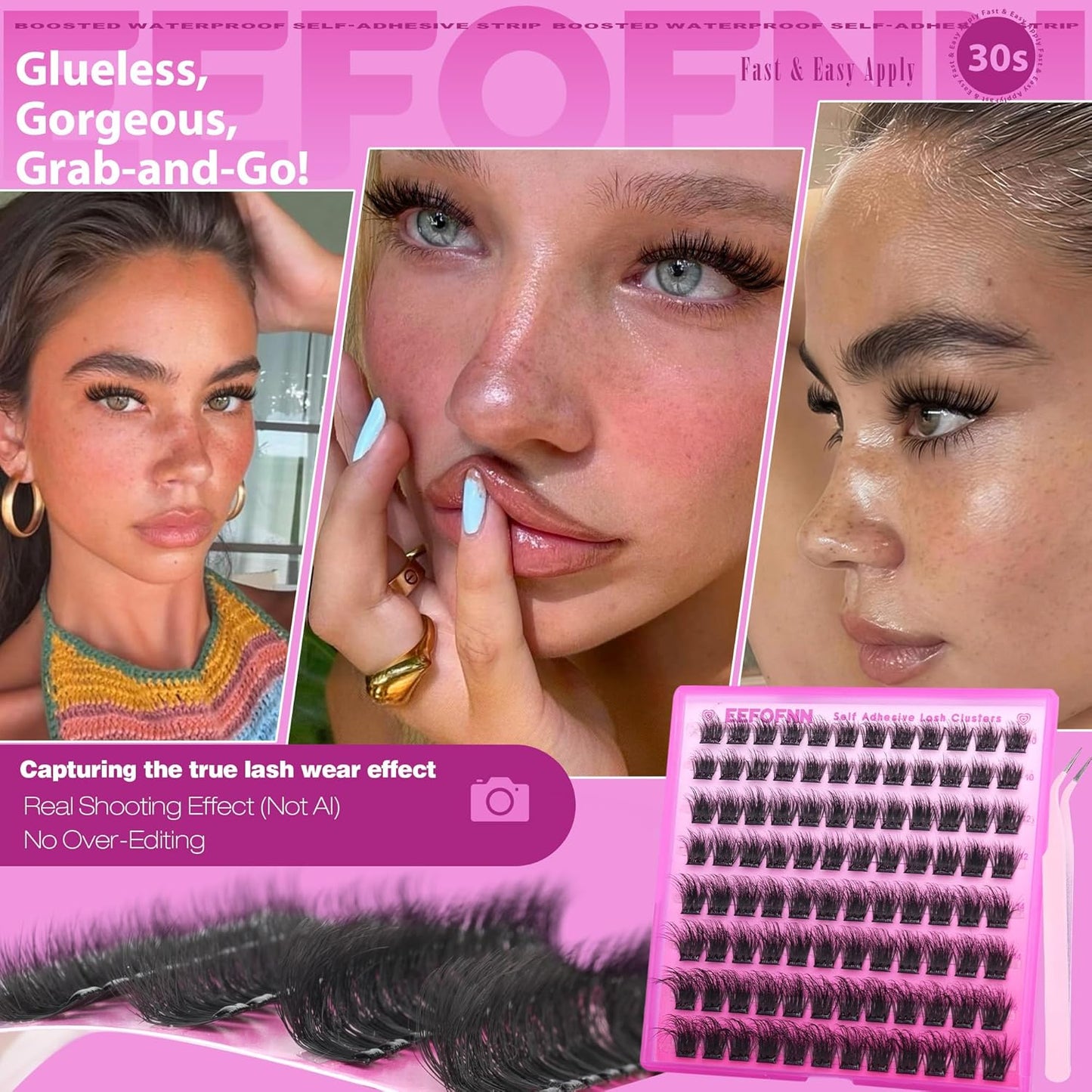 Self Adhesive Eyelashes - Fluffy Wispy Lash Clusters | Pre-Glued 10-16mm DIY Extension Kit with Tweezers