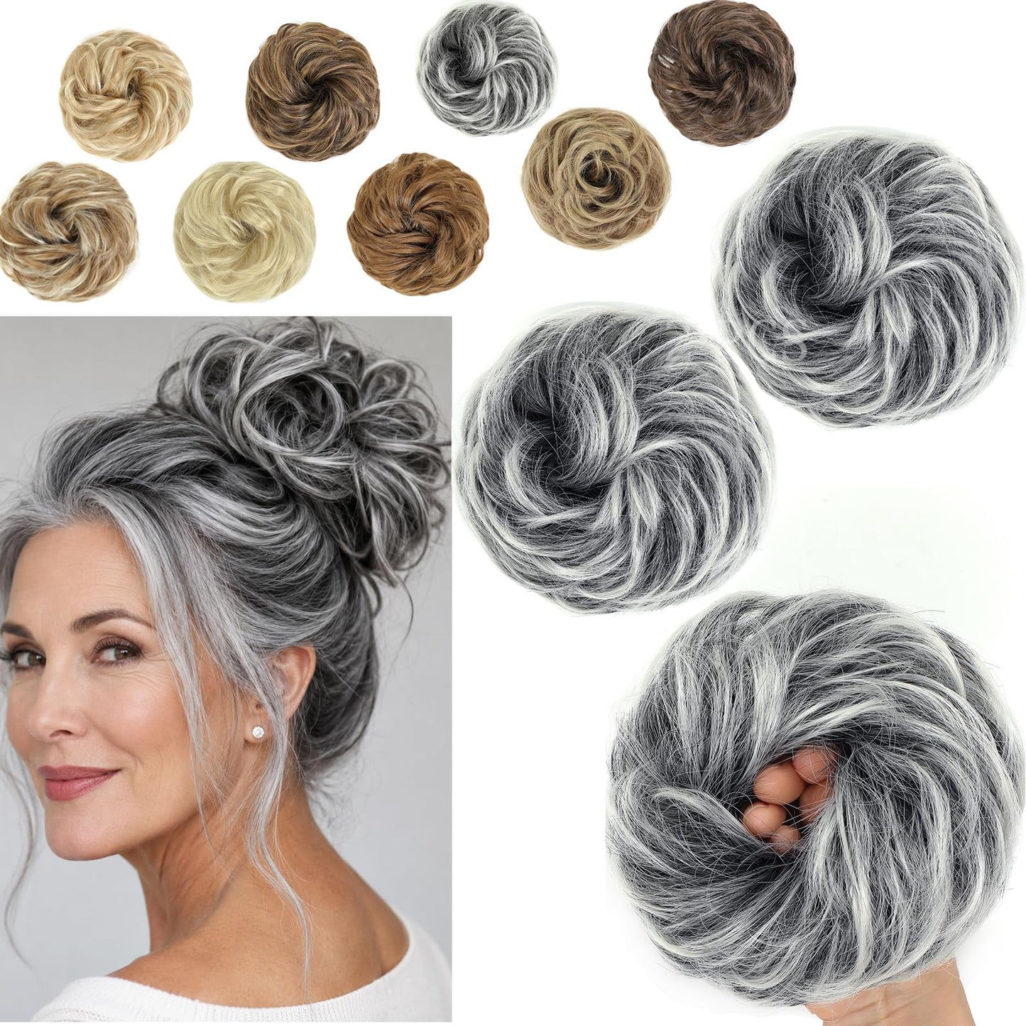Amchoice Messy Bun Hair Piece 2 Pcs Elastic Wavy Curly Bun Hair Pieces for Women Instant Volume Lightweight Synthetic Chignon Hairpieces for Girls Daily Wear Party Travel(Black Gray and White Tips)