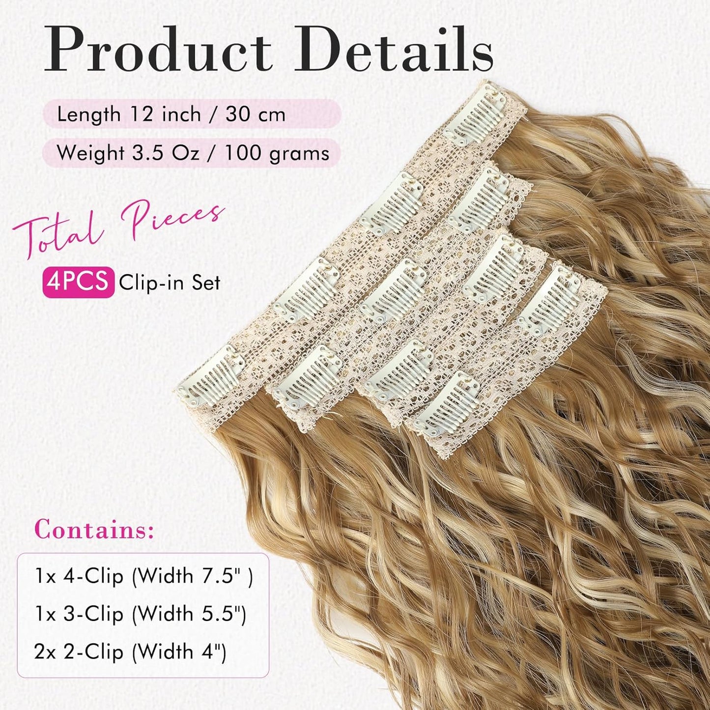 Clip-In Hair Extensions - 12" Short Curly Wavy Blonde Hairpieces | Invisible Lace Weft, Natural Soft Finish
