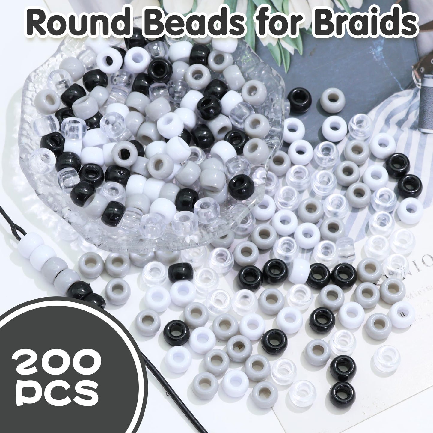 NAISKA 200PCS Black Pony Bead White Gray Hair Beads for Locs Small Flat Braids Beads 4 Colors Hair Accessories for Kids Girls Boys