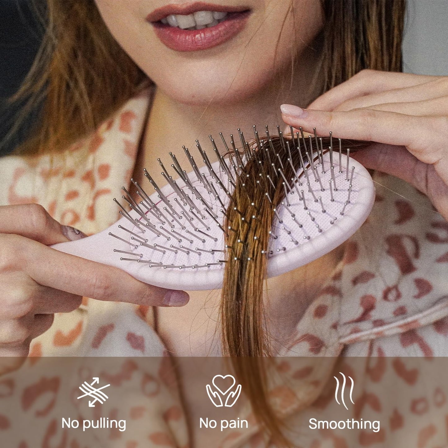 Yulume Air Cushion Paddle Brush, Round-Tip Steel Pins for Scalp Massage, Pain-Free Detangling for Wet & Dry, Curly & Thick Hair, Anti-Static, Bonus Tail Comb & Clip, Pink