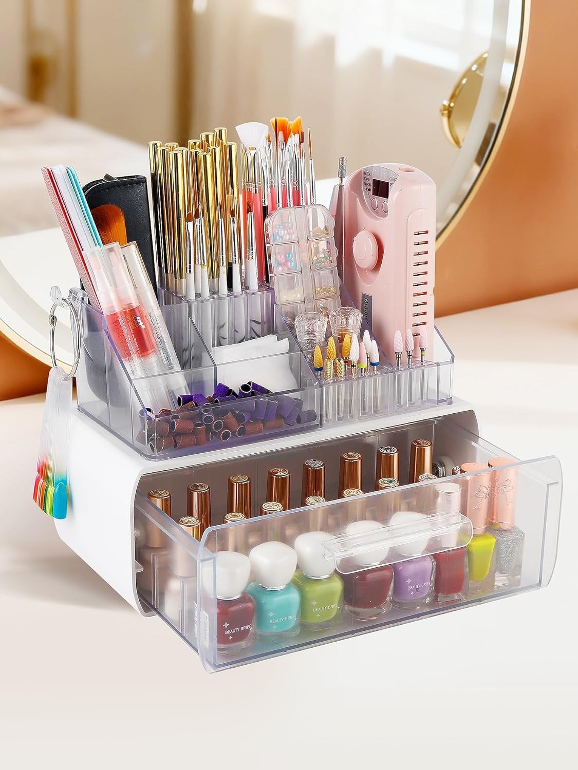 Nail Drill Holder with Drawer - Acrylic Makeup Organizer Case for Nail Bits | Beauty Storage Box for Dresser & Vanity