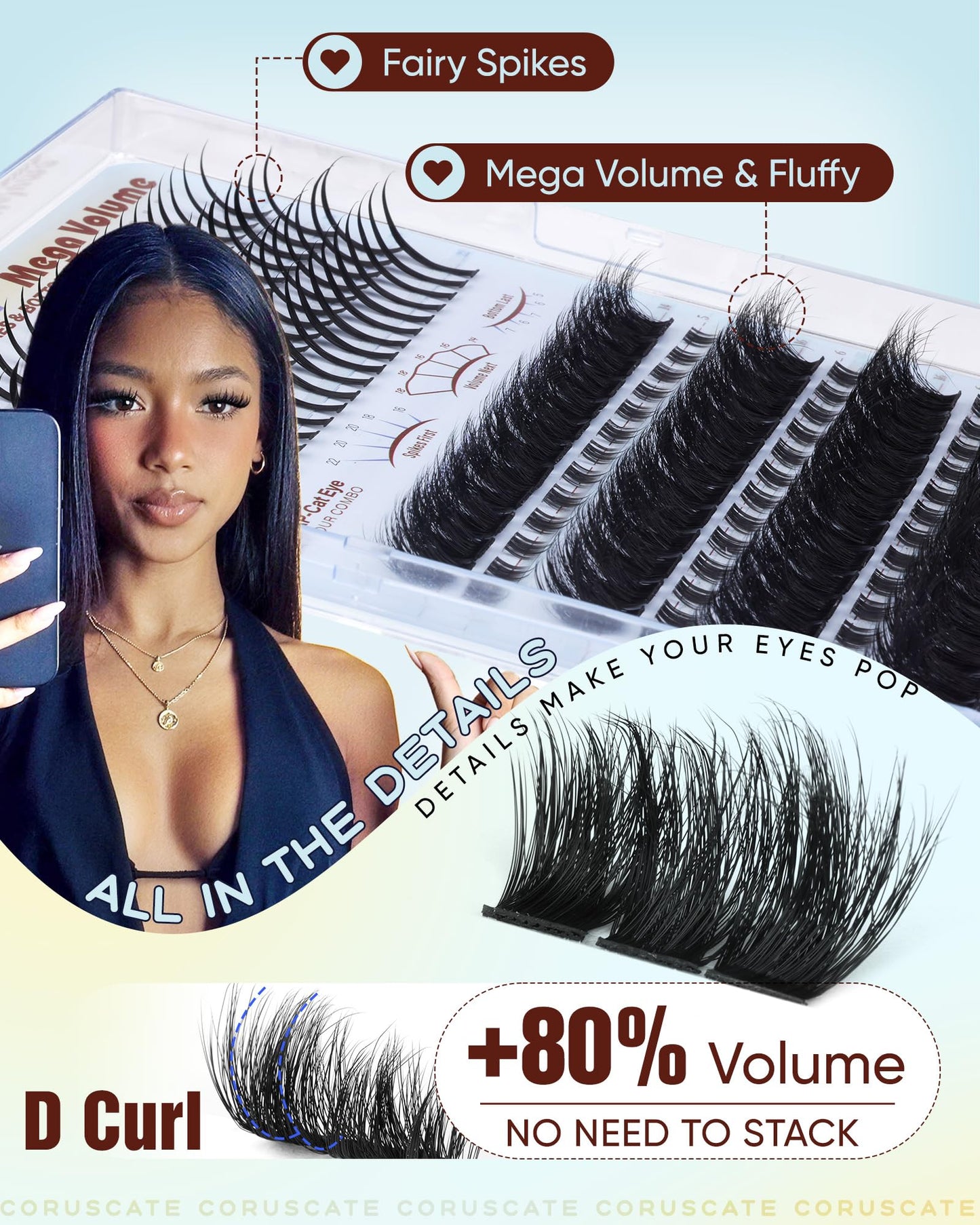 CORUSCATE Lash Clusters with Spikes & Bottom Lashes 200D Eyelash Clusters Mega Volume Cluster Eyelash Extensions Fairy Spike Lashes Mink Bottom Individual Lash Extension for Full Glam Dramatic