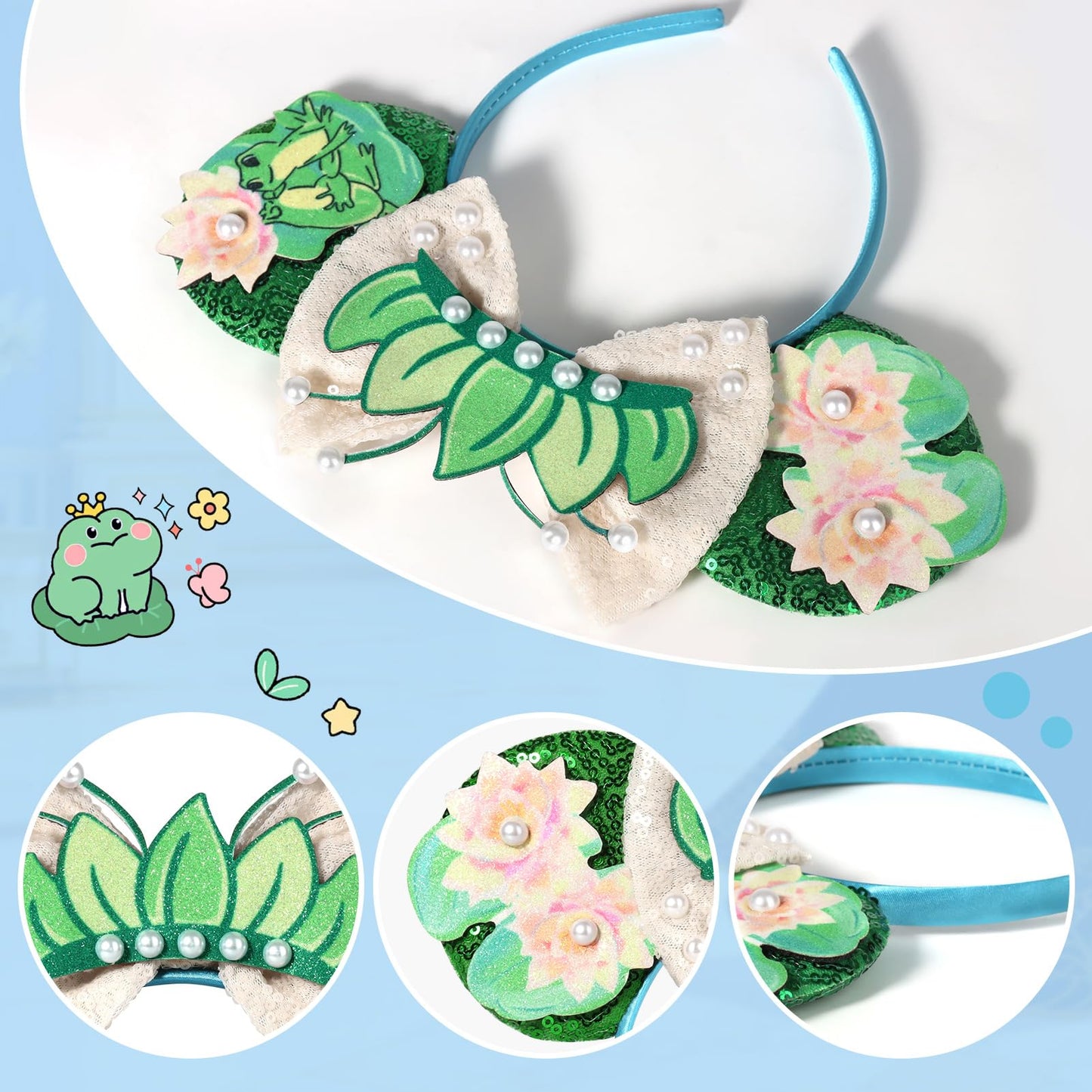 CANMIL Mouse Ears Headband, Sparkle Princess Bow Headband for Women Girls, Sequin Party Hair Accessories (Frog)