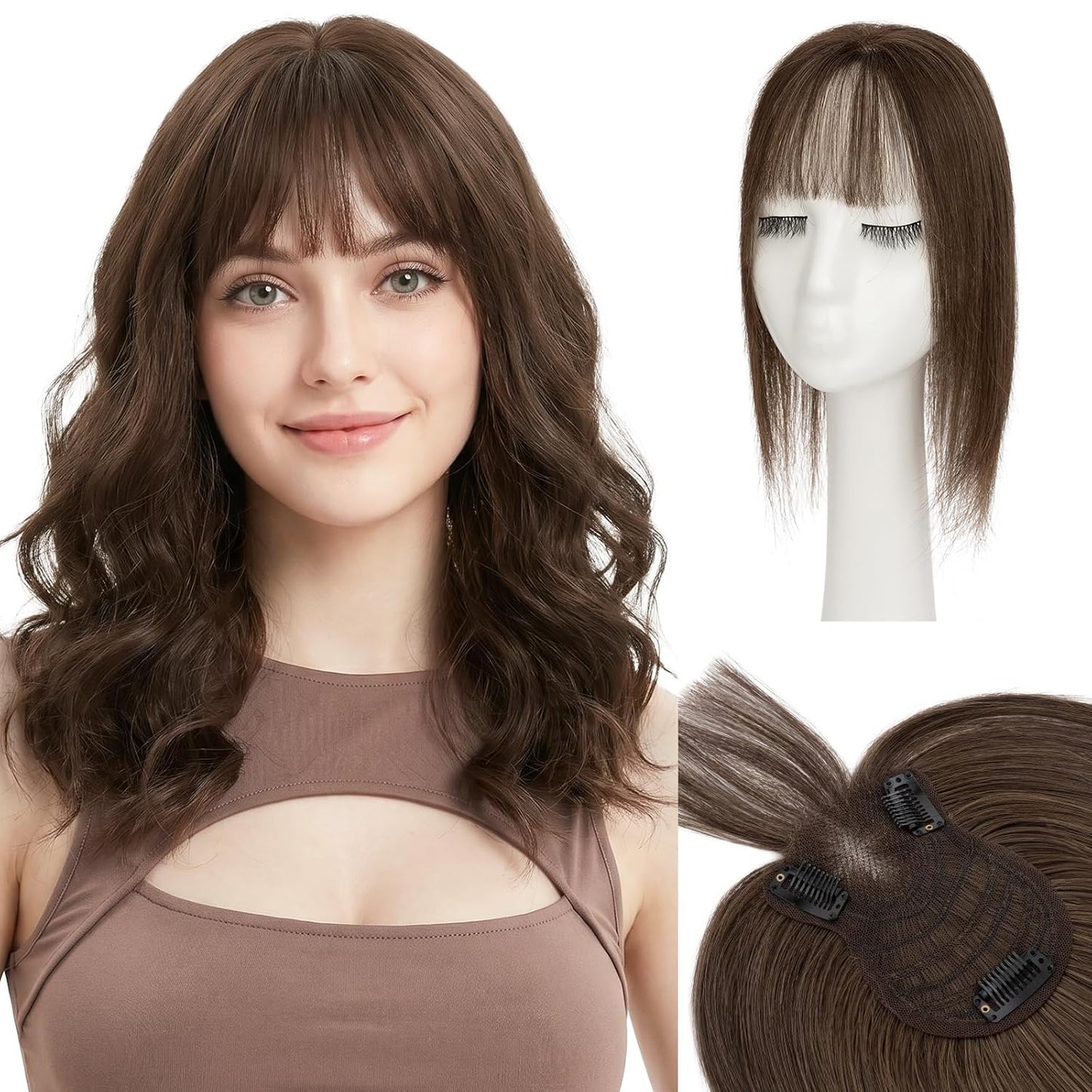 **Hair Toppers for Women - Real Human Hair with Curtain Bangs | 10-Inch Lace Base Clip-In Piece - #02 Dark Brown**
