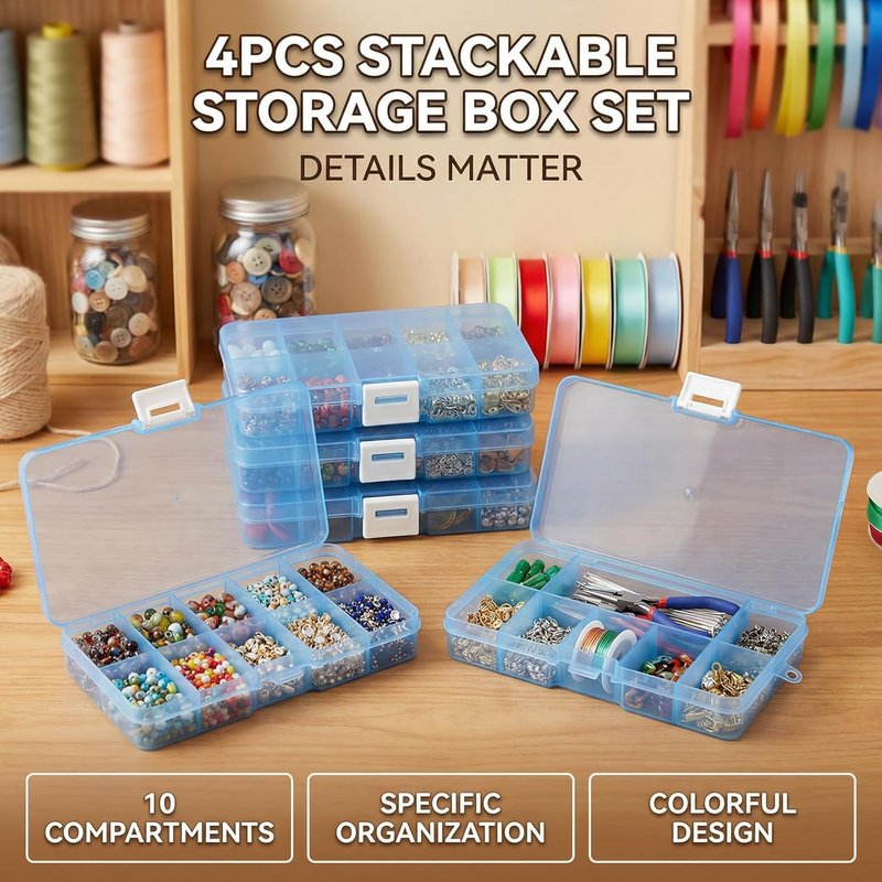 Stackable Plastic Organizer Boxes - 4-Pack Jewelry & Craft Storage Case | Waterproof Bead & Tackle Holder - Blue