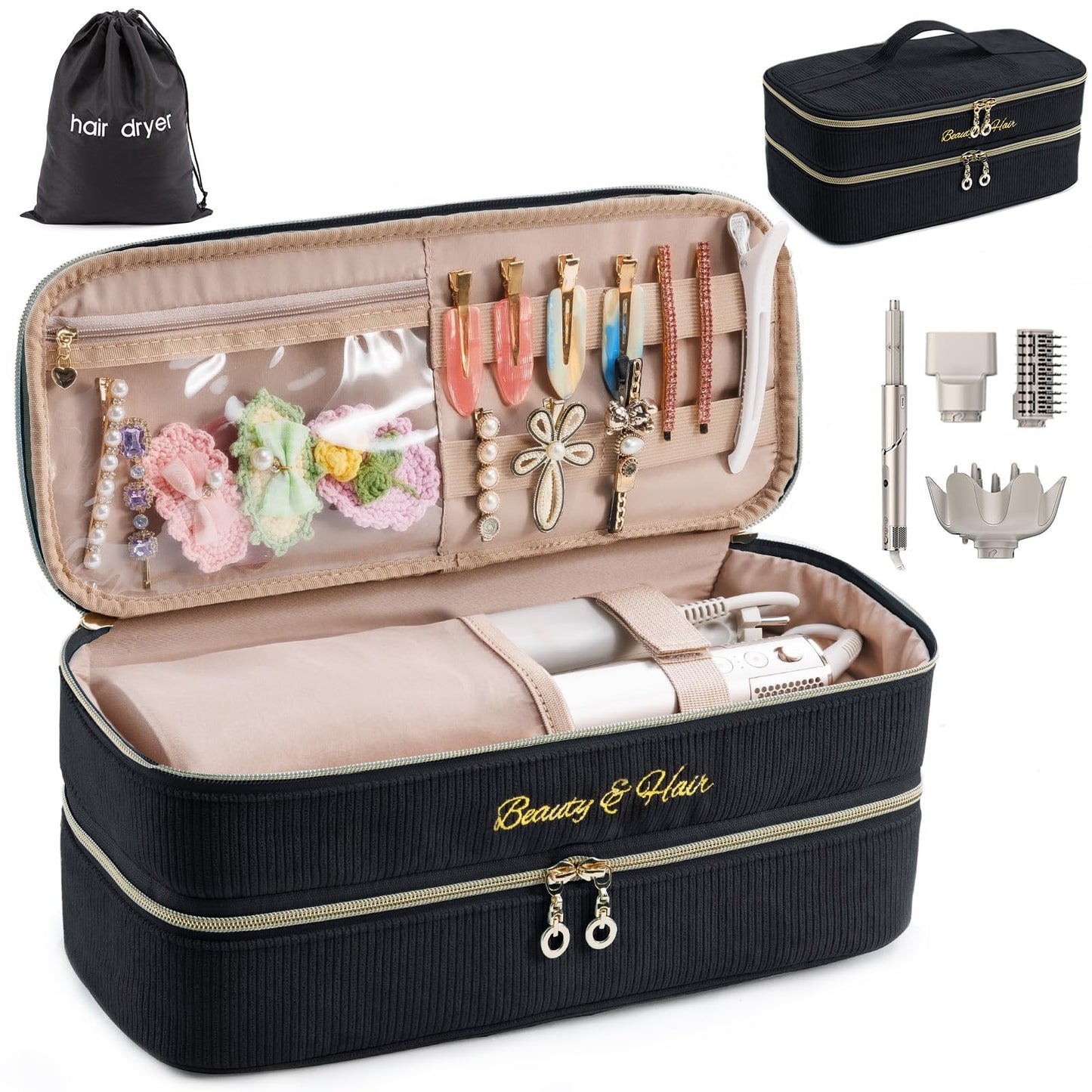 ELCUPA Double-layer Hair Tools Travel Case with Black Hair Dryer Bag with Detachable Divider compatible with Shark FlexStyle/SmoothStyle - Flat Curling Iron Travel Organizer