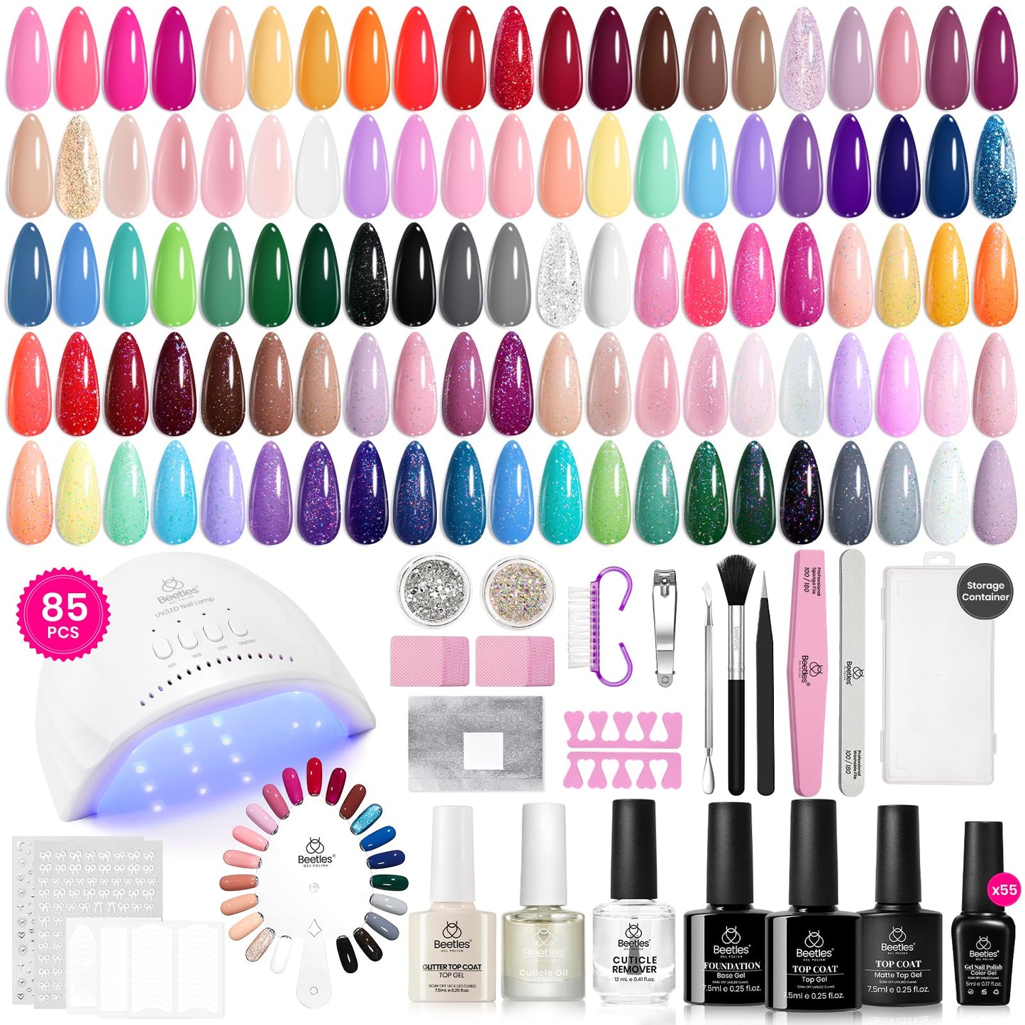 Beetles Gel Nail Polish Kit with U V Light 85Pcs, 55 Colors Gel Polish Kit