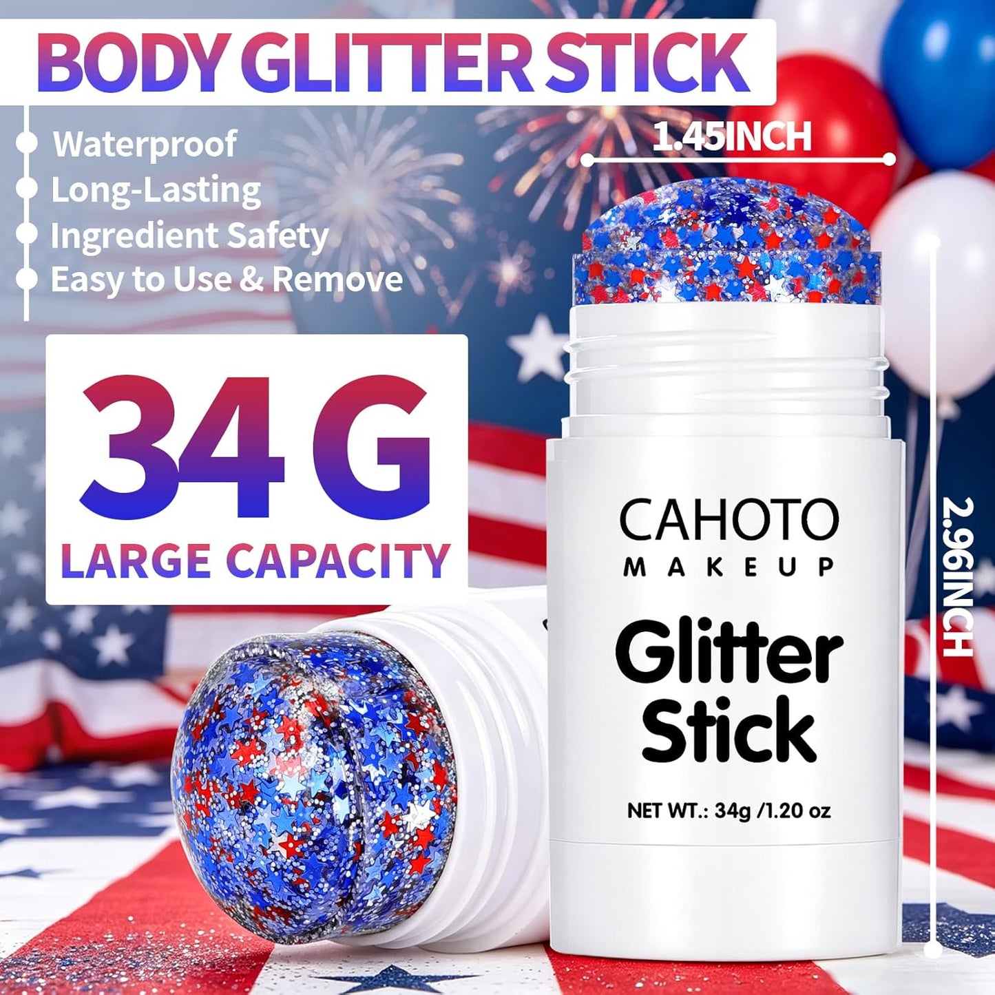 Glitter Stick - Red White Blue Star for Face, Body & Hair | Patriotic Sparkling Sequins for 4th of July & Memorial Day, 1.2oz