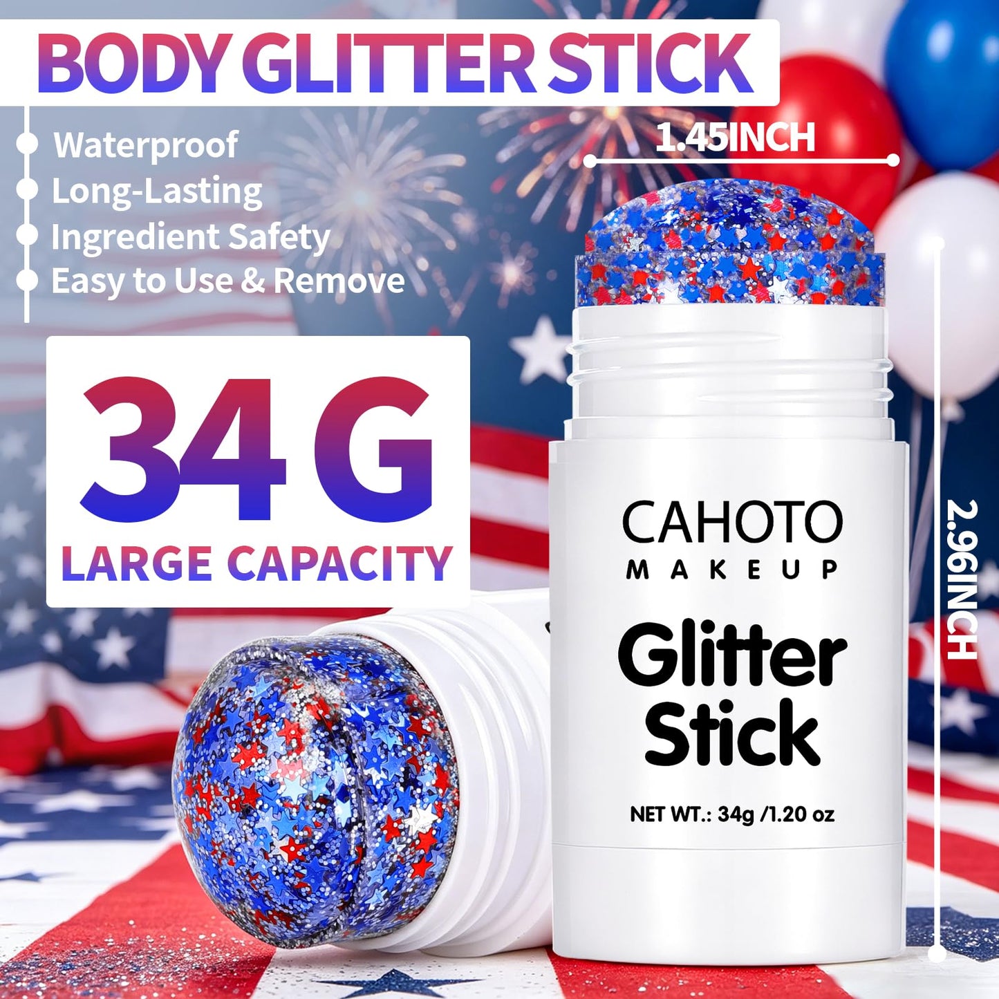 CAHOTO Starlet Glitter Stick, Red White Blue Star for Face Body Hair