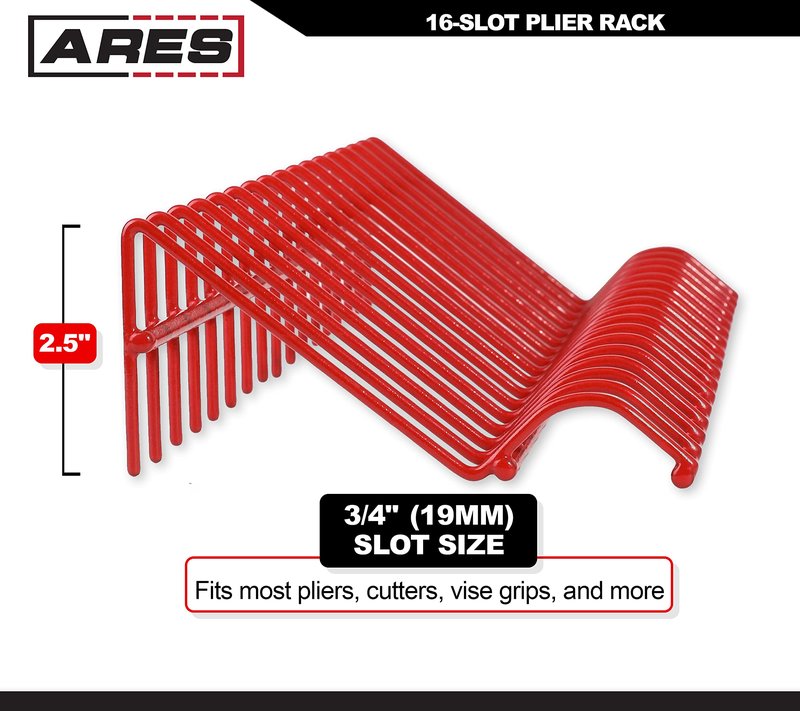 ARES 62003 - Red 16-Slot Plier Rack - Keep Pliers Organized in Tool Drawer - 3/4-Inch Slots Fit Most Plier - PVC Coating Protects Pliers and Prevents Slippage