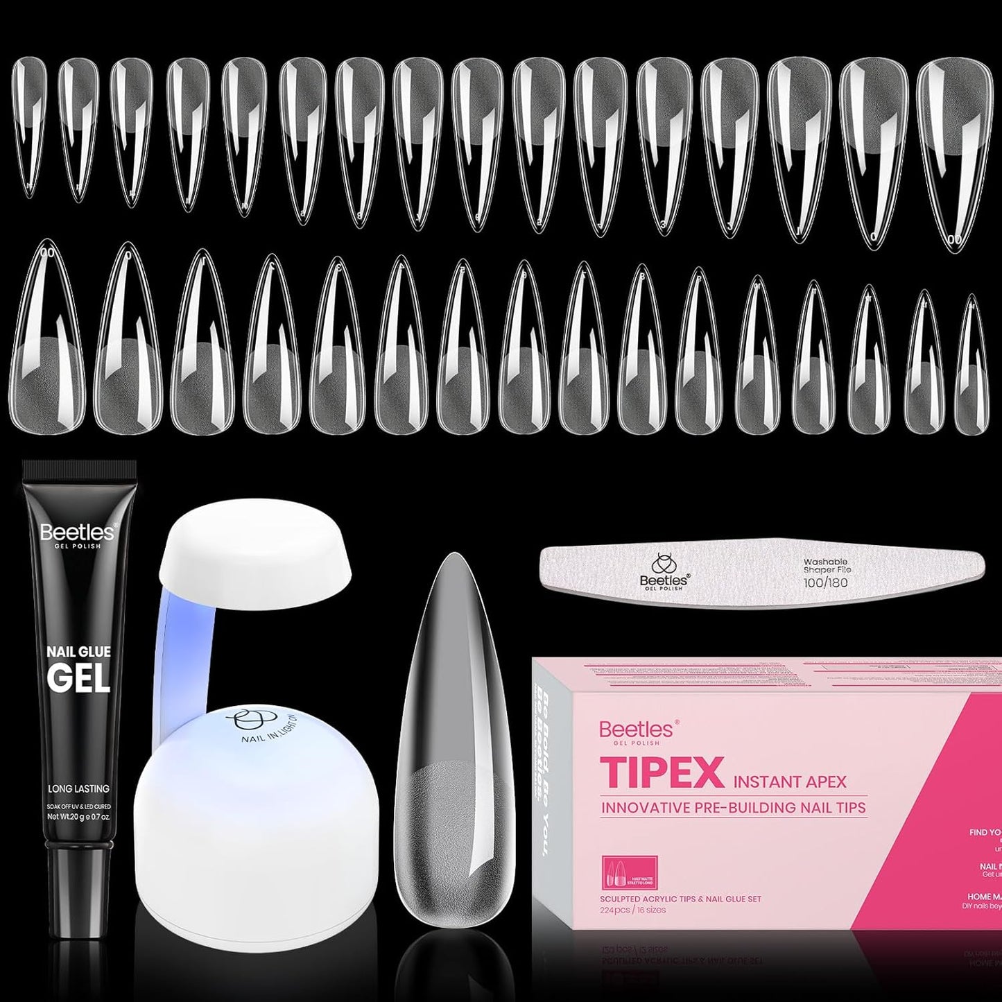 Apex Nail Tips Kit - Long Stiletto 224PCS | No Builder Gel Needed, Mini UV Lamp Included