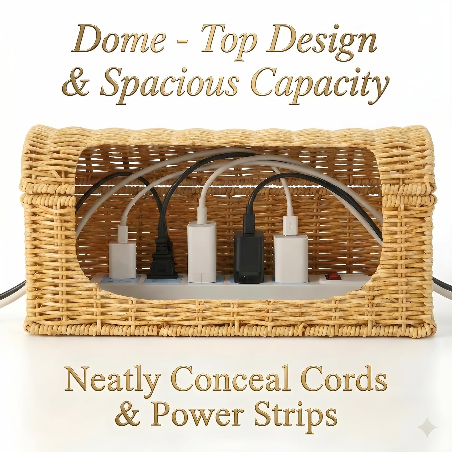 Cable Management Box, Handwoven Rattan Cable Organizer, Cord Organizer Box to Hide Cords & Power Strip, Boho Wire Hider Basket for Home Office, Dome Cover, Natural