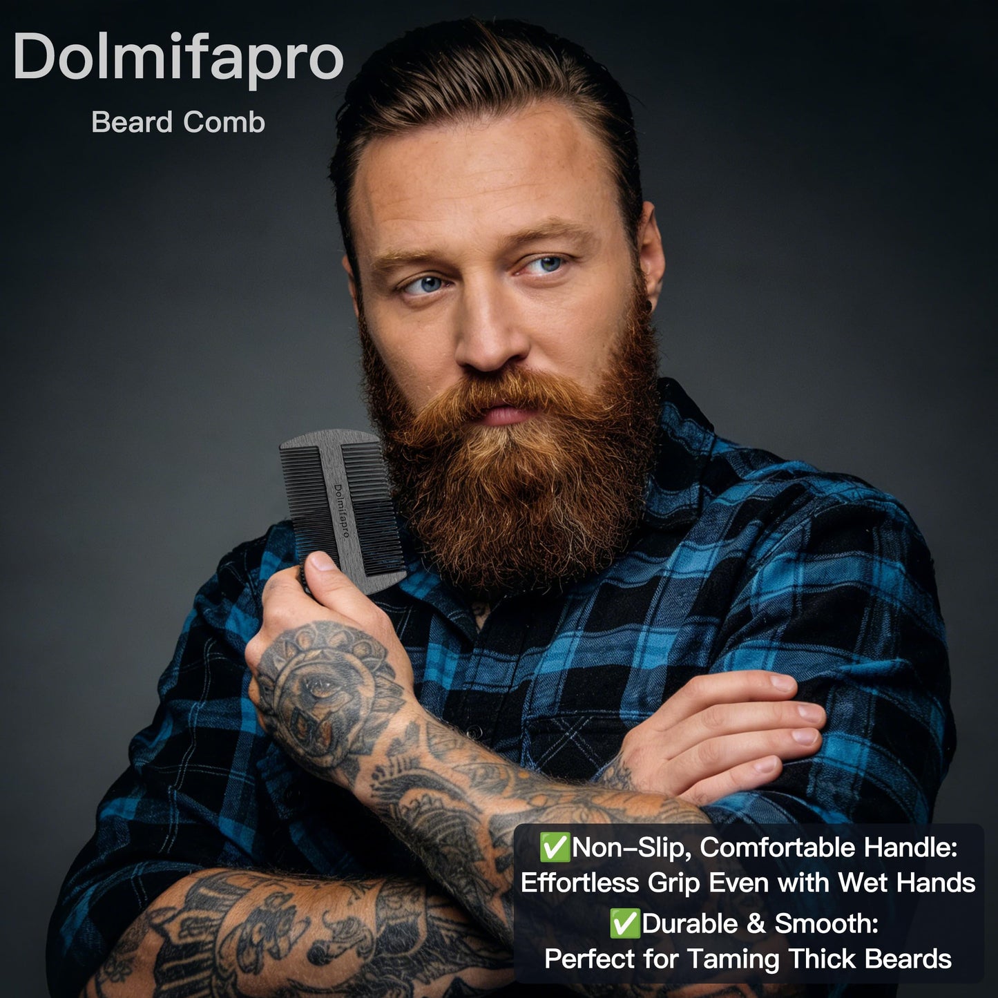 Dolmifapro 304 Stainless Steel Pocket Beard Comb for Men, Anti-Static Dual Fine Coarse Teeth Ultra-Thin Mustache Hair Grooming Comb with PU Leather Case (black)