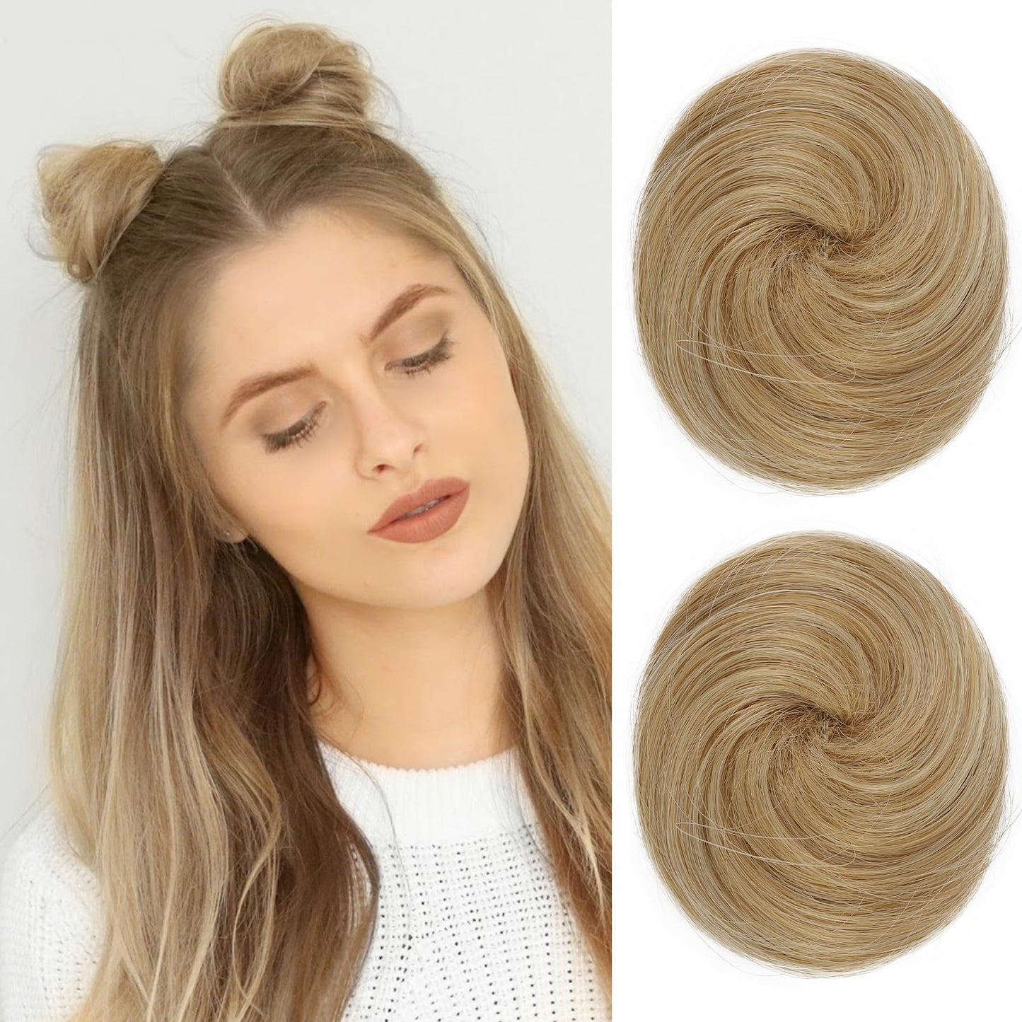 REECHO 2 PCS Mini Claw Clip in Messy & Cat Ears Hair Bun Extensions HB001 Wig Accessory Updo Hairpieces for Women (Pack of 2-3" Straight, Golden Blonde and Bleach Blonde Mixed)