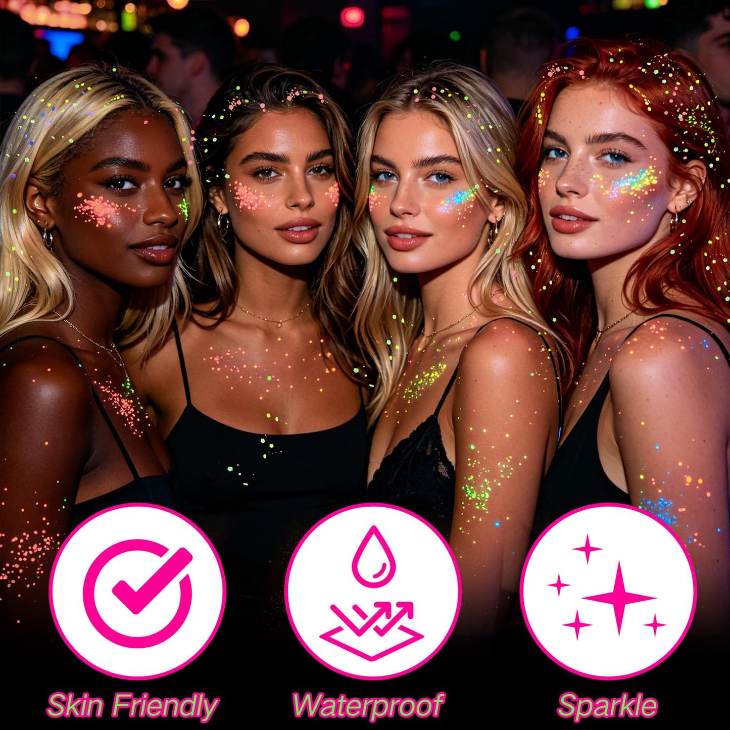 Paminify 4 PCS Glow Face Body Glitter Gel,Rave Accessories Outfits for Women,Glow in the Dark Neon Hair Glitter for Kids,Halloween Carnival Festival Essentials UV Black Light
