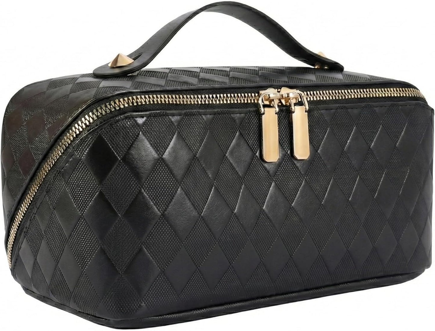 Large Capacity Travel Cosmetic Bag - Waterproof PU Leather Makeup Organizer with Dividers | Stylish Checkered Design