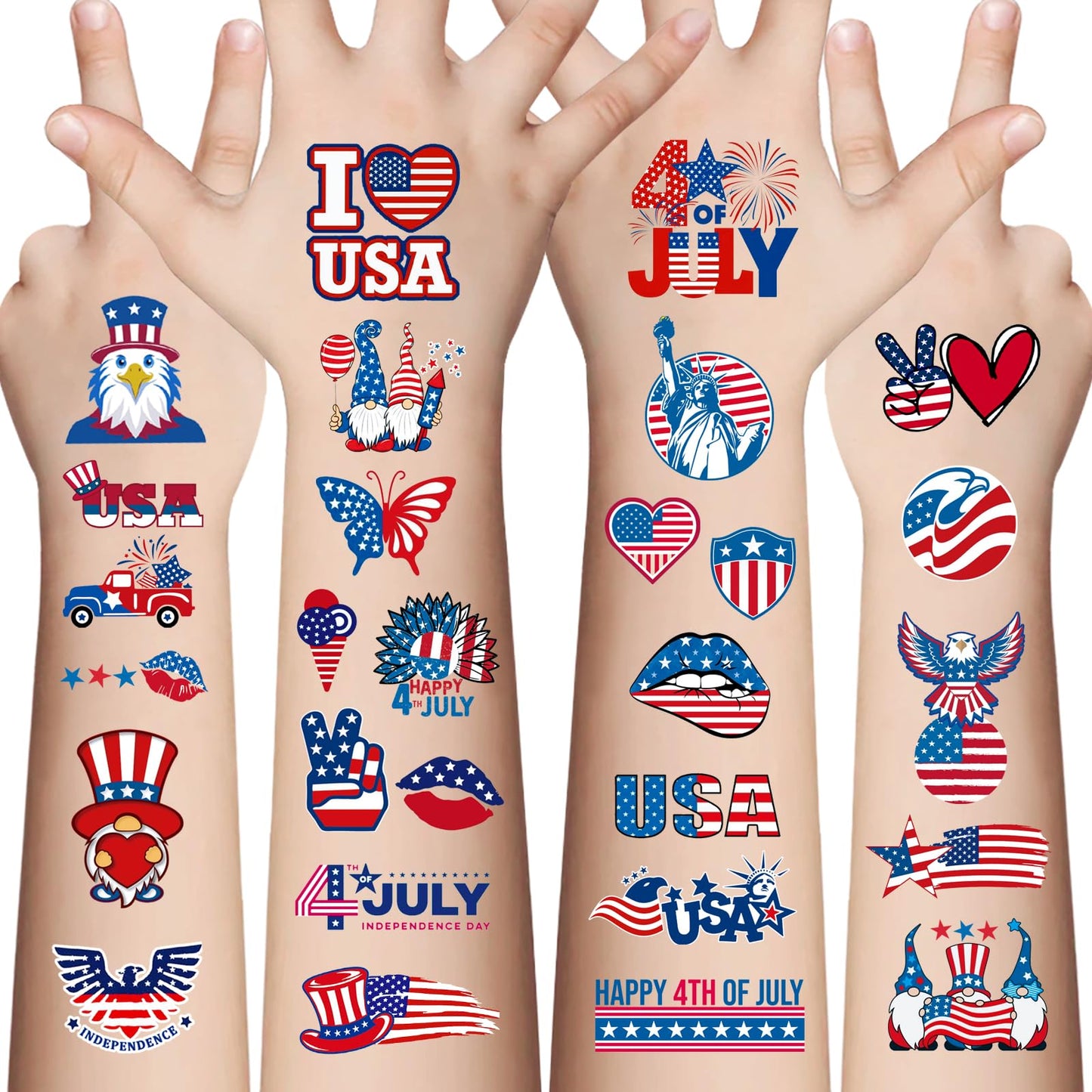 Awinmay 4th of July Temporary Tattoos - 80 Pcs Independence Day American Flag Red White and Blue Tattoos for Kids,Memorial Day,Labor Day,Fourth of July Party Decorations and USA Party Favors 10 Sheets