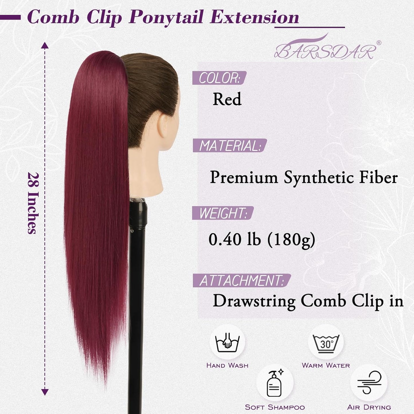 Red Straight Drawstring Ponytail Extension - 28 Inch Thick Soft Synthetic Hairpiece for Daily or Party Use