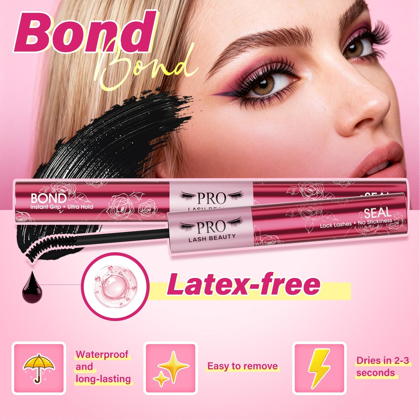 PROLASHBEAUTY Waterproof Lash Cluster Glue Lash Bond and Seal Long Lasting Strong Hold Non Irritating Lash Glue for DIY Cluster Lashes at Home (10ml, Black Bond & Clear Seal)
