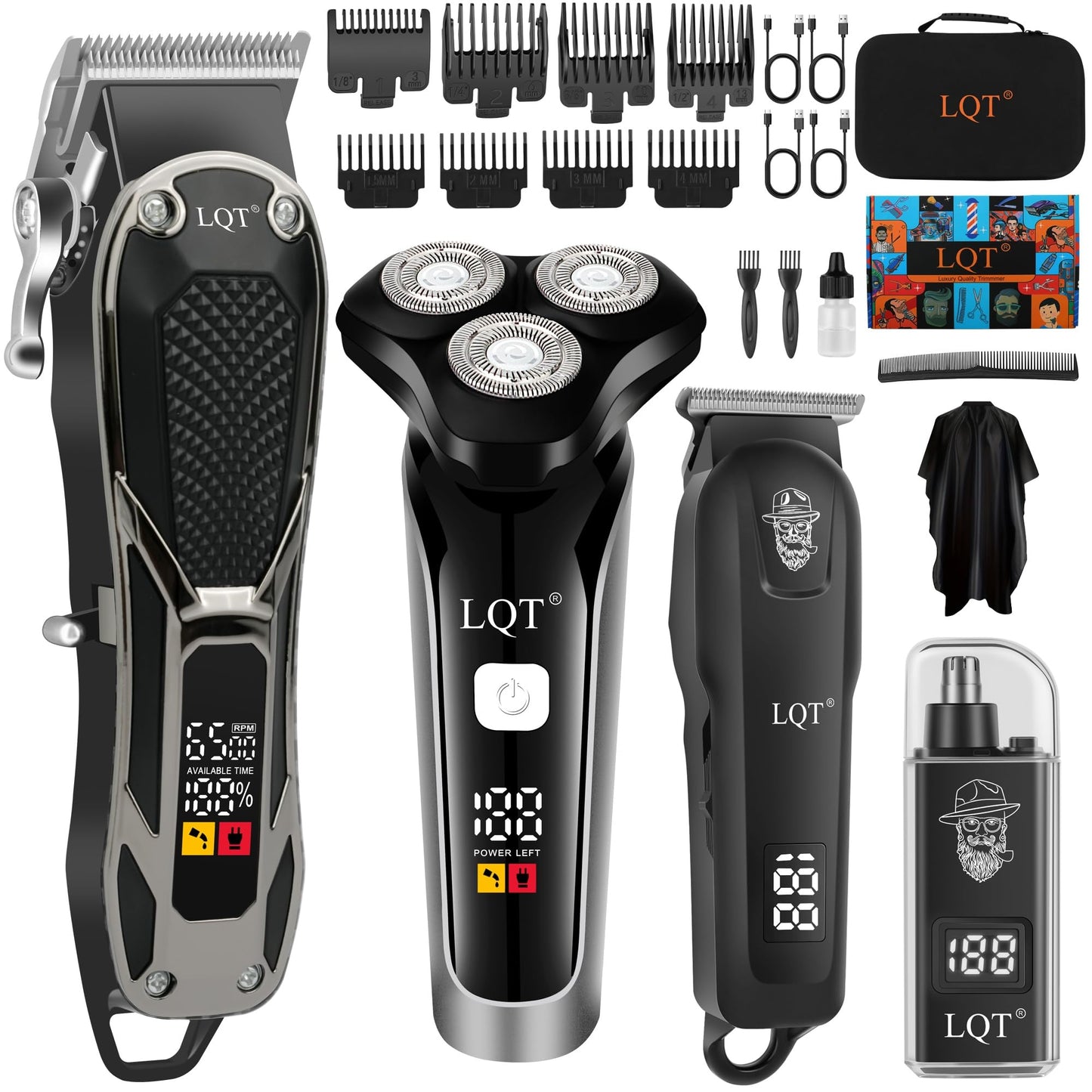 LQT Hair Clippers for Men 4-in-1 Cordless Clippers Set Beard and Mustache Trimmer for Men Electric Shaver Nose and Ear Hair Trimmer with Comb, Wrap, Bag, to Son Husband Father Men's Gifts