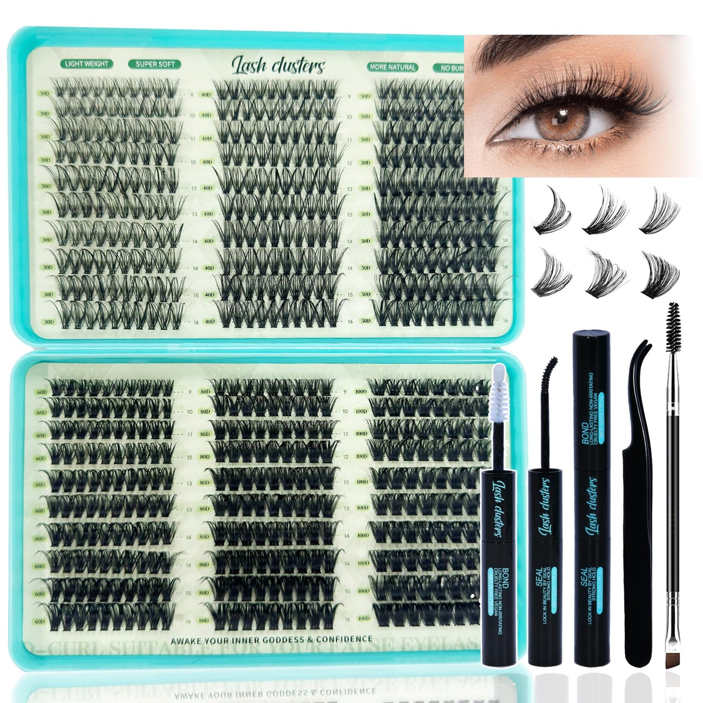 Lash Clusters Kit, 600 Pcs Eyelashes Lash Clusters D Curl 9-16mm, Individual Fluffy False Eyelashes Extensions with Tools, Perfect for Daily Wear and Dating (30D+40D+50D+60D+80D+100D Kit)