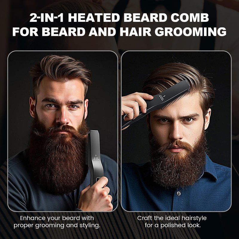 TUIREL Beard Straightener for Men, 2 in 1 Heated Beard Brush, 6 Temperature Settings LCD Display Anti-scalding Hot Comb for Beard Care Kit for Men Gifts Set
