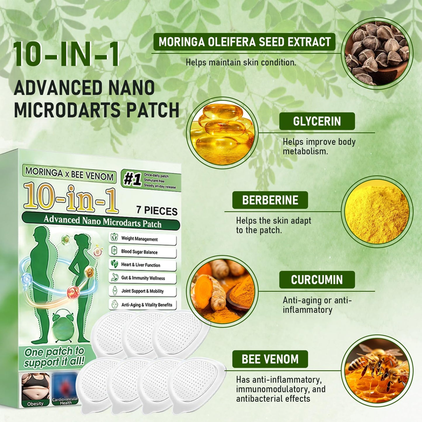 elesysy Moringa 10-in-1 Advanced Nano Microdarts Patch,Moringa Patches - 7 tablets/box, Natural Skin Patches for Women and Men - Gentle Formula for All Skin (2 boxes)