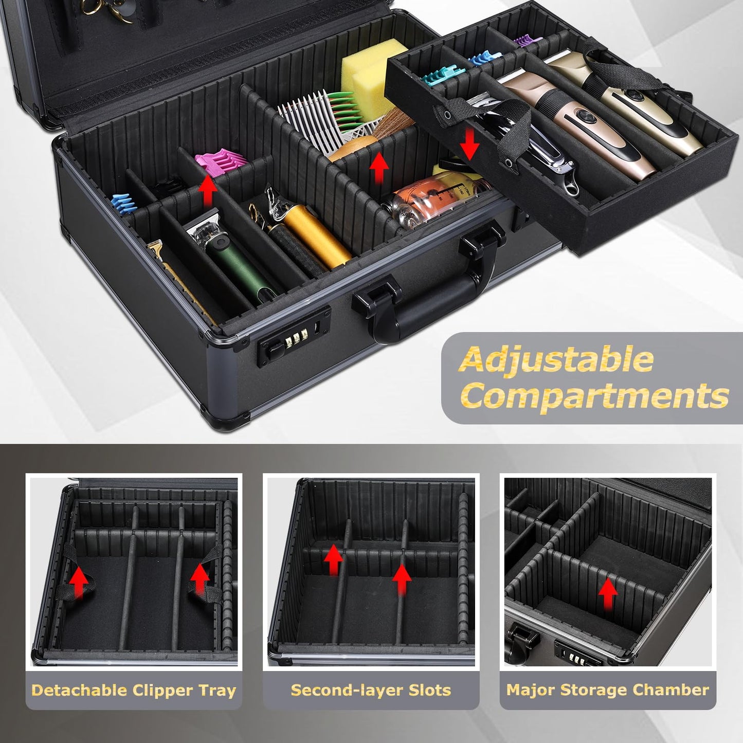 Yueieoun Professional Barber Case with Barber Clipper Tray Organizer, 6 Adjustable Clipper Slots & 8 Shear Holders, Portable Barber Carrying Case for Hair Tools & Supplies with Combo Locks