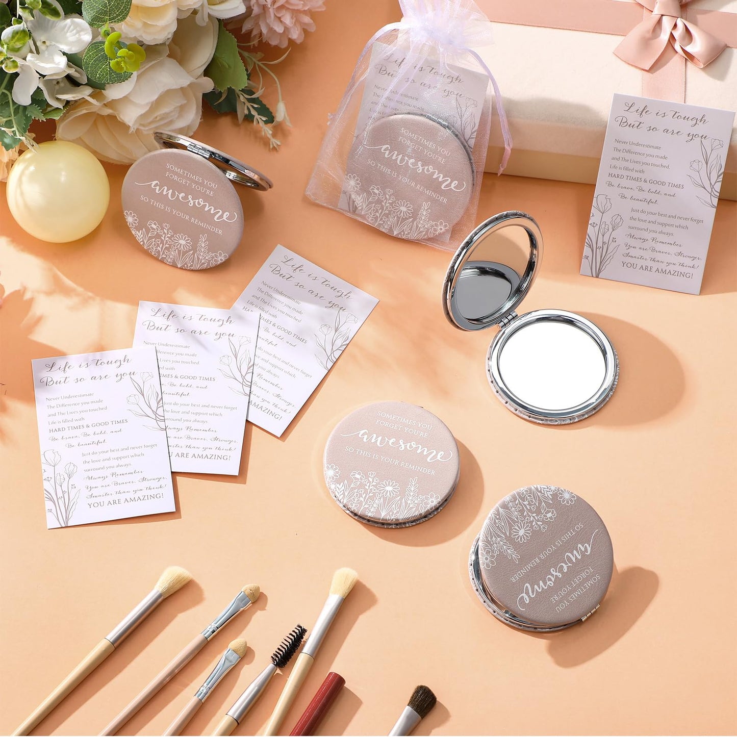 CroBlissful Inspirational Gifts for Women Bulk Wildflower Compact Mirror Makeup Purse Double Sided Folding Mirror Inspirational Gift Cards with Bag for Women(12 Set,Classic)