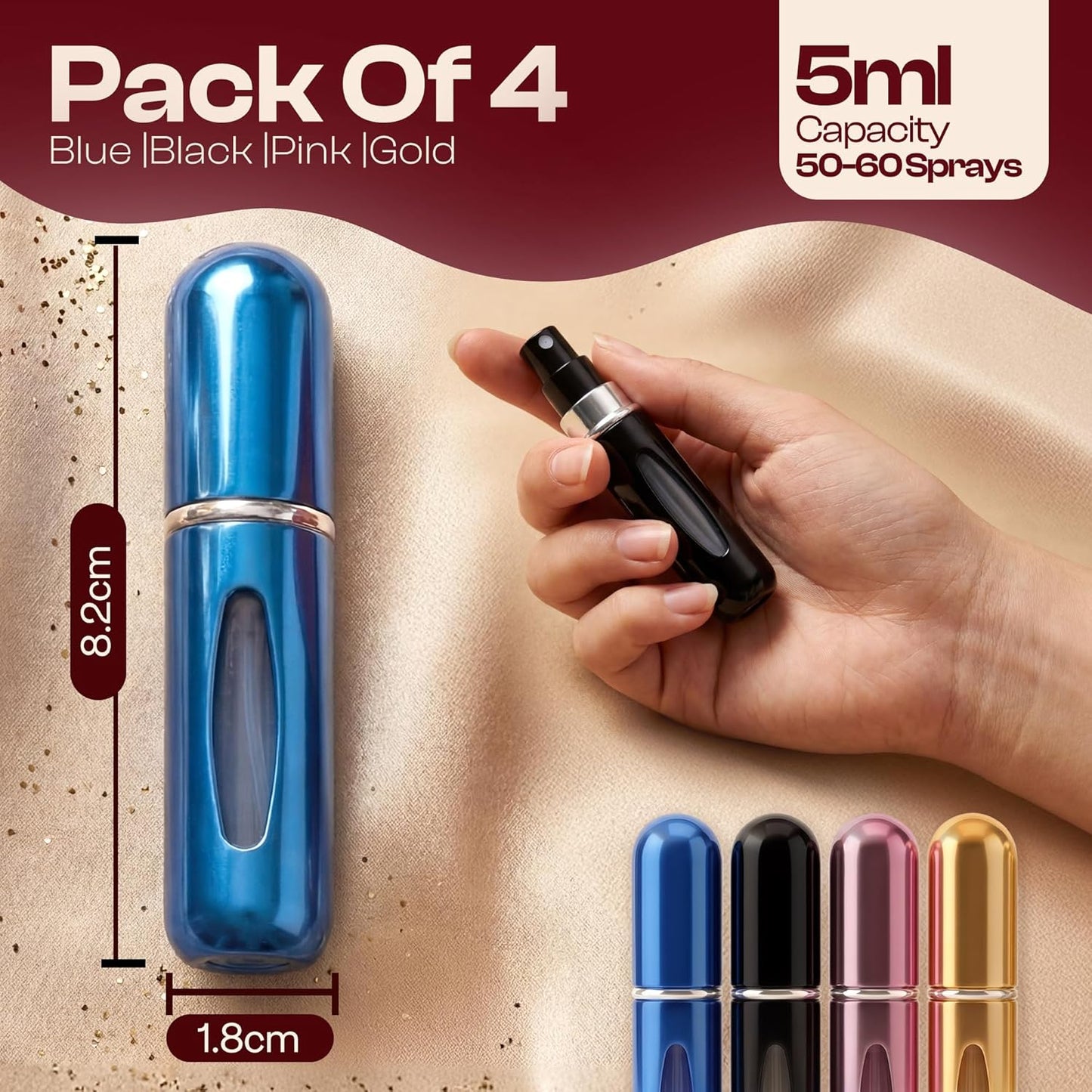 Refillable Travel Perfume Bottle - Leakproof Atomizer Sprayer | 5ml Portable in Blue, Black, Pink, Gold