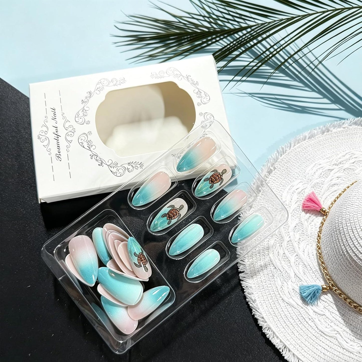 Press On Nails - Medium Almond Gradient Green Ocean | Glossy Acrylic Turtle Design - 24 Reusable Stick-On Nails