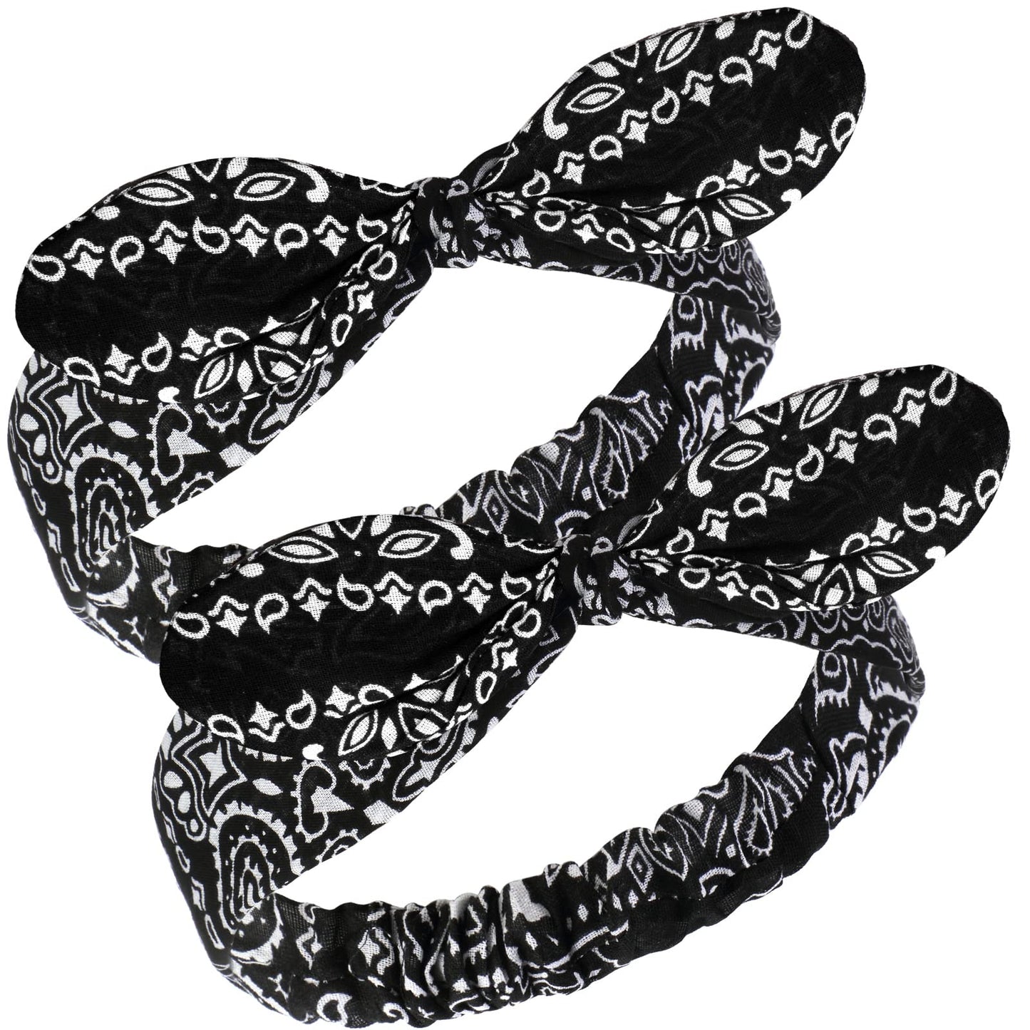 Hicarer 2 Pcs Bandana Headband for Women Girl, Knot Retro Paisley Print Bandana Rabbit Ears Hair Headband Adjustable Headwrap