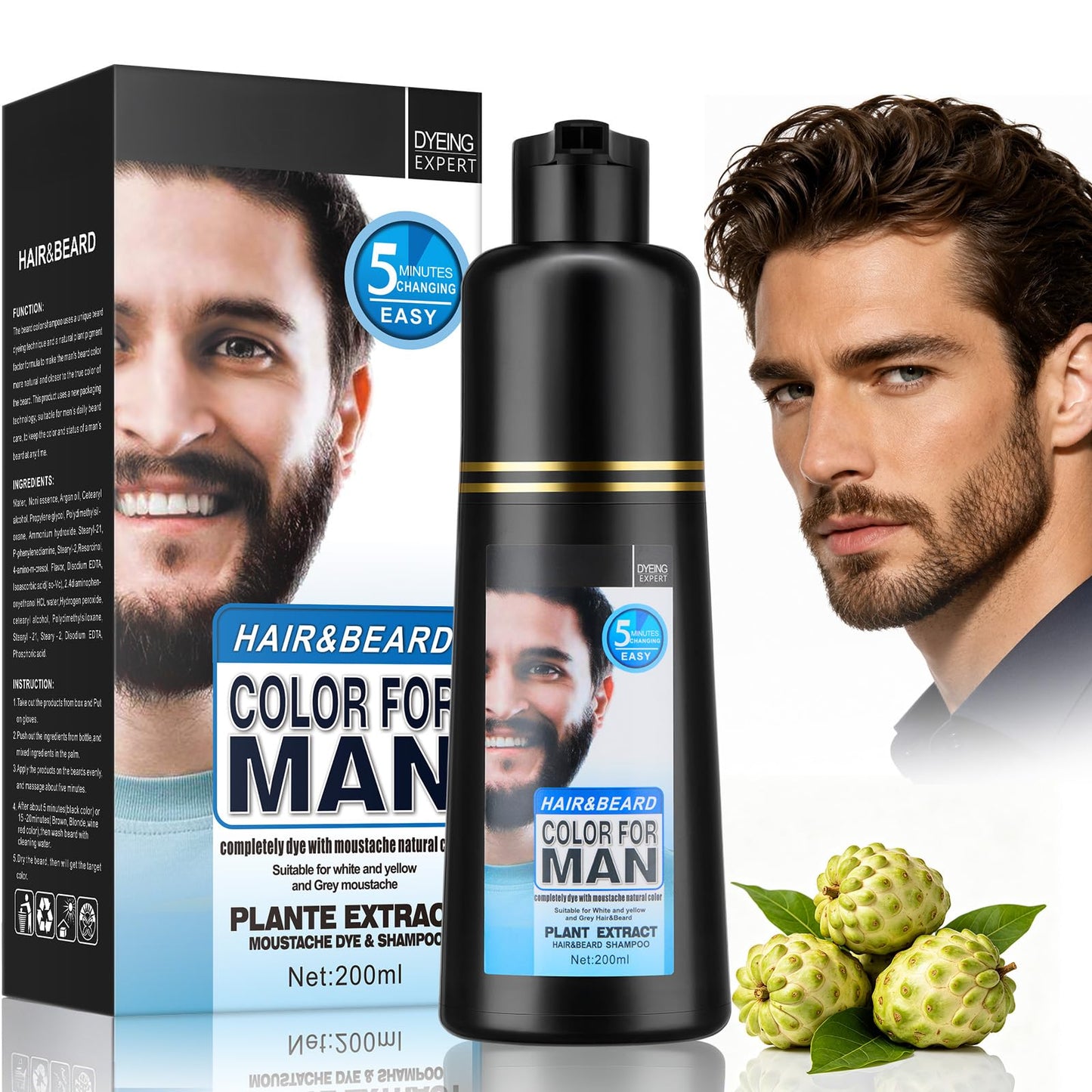 Mens Beard & Mustache Dye Shampoo, Instant 100% Grey Hair Coverage, Long-Lasting Natural Herbal Beard Coloring for Gray Hair, 3-in-1 Dye, Shampoo & Conditioner,200ML