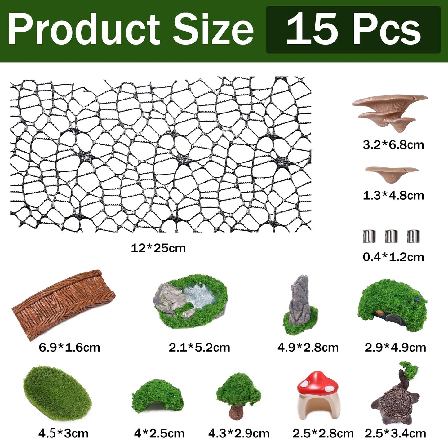 15 Pcs Jumping Spiders Hide Accessories, Jumping Spider Bridge Web Net, Mini Mountain Pond Trees Lawn Figurines Garden Mushroom Platform Decorations for Jumpings Spider Habitat Tank Enclosure Decor