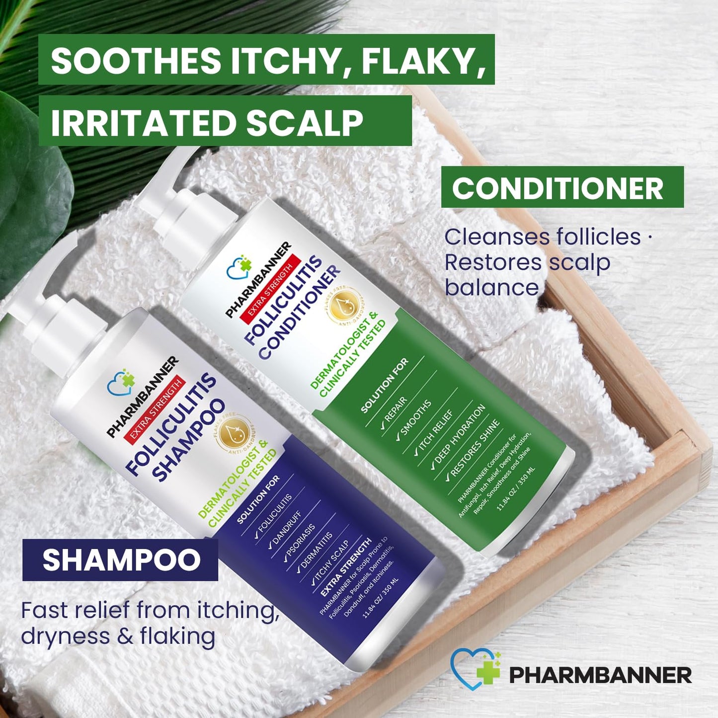 PHARMBANNER Anti-Fungal Shampoo and Conditioner Set – Tea Tree & Argan Oil for Folliculitis, Seborrheic Dermatitis, Scalp Psoriasis – Relieves Itchy, Flaky, Dry Scalp – Sulfate & Paraben Free