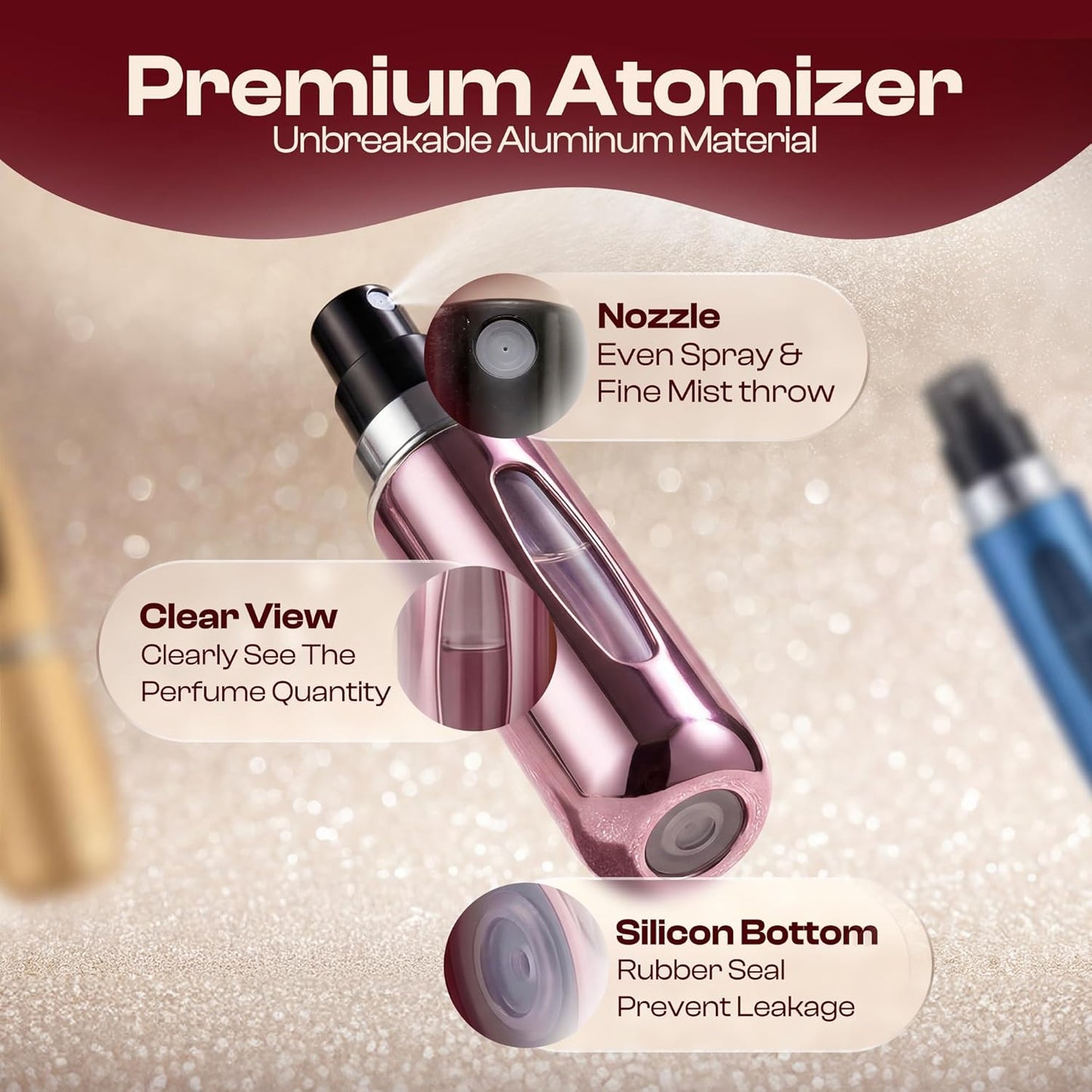 Refillable Travel Perfume Bottle - Leakproof Atomizer Sprayer | 5ml Portable in Blue, Black, Pink, Gold
