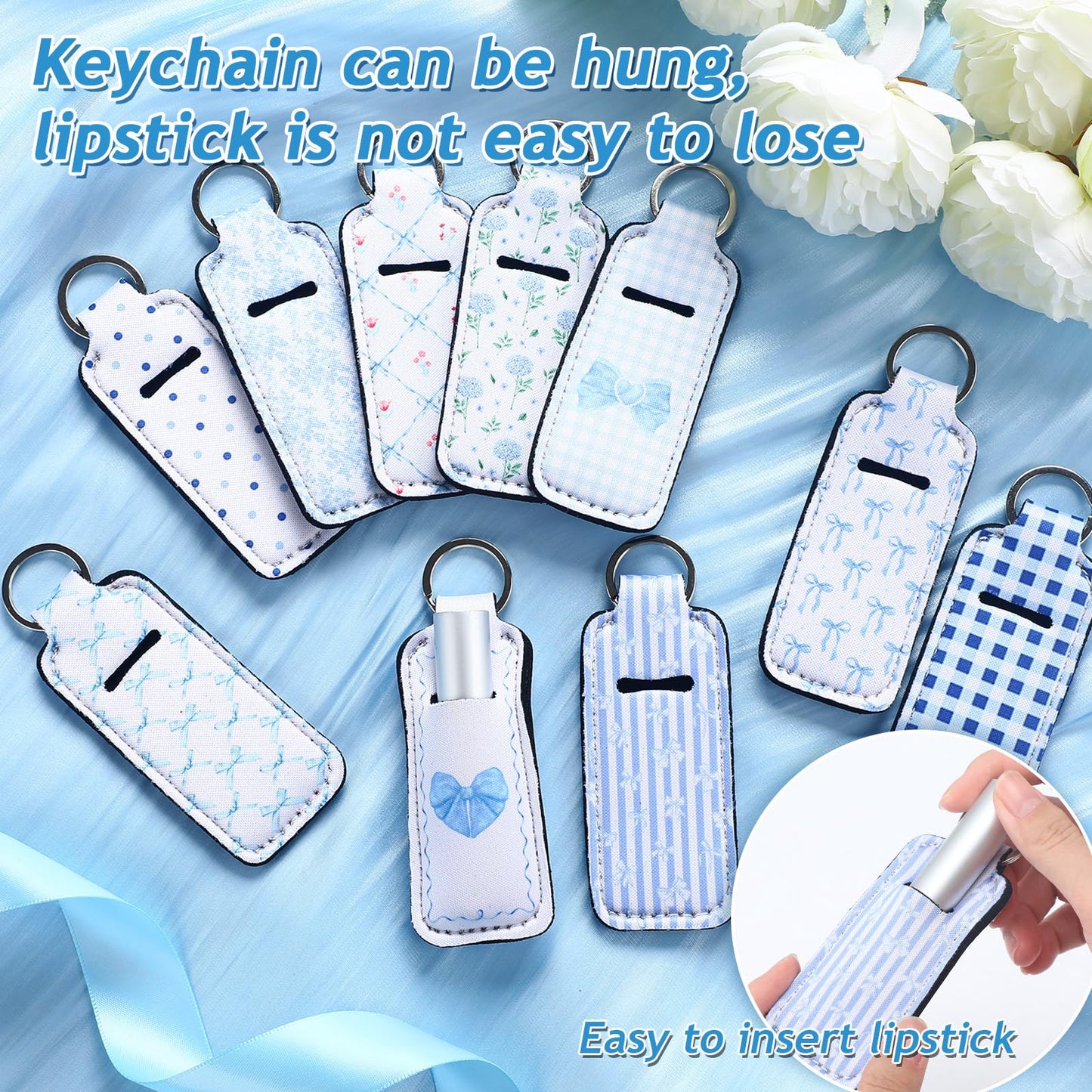Ctosree 20 Pcs 20 Pcs Coquette Bow Lipstick Holder Keychain Gifts Bulk Coquette Lip Balm Holder Keychain Bow Birthday Party Favors (Elegant Style,Blue)