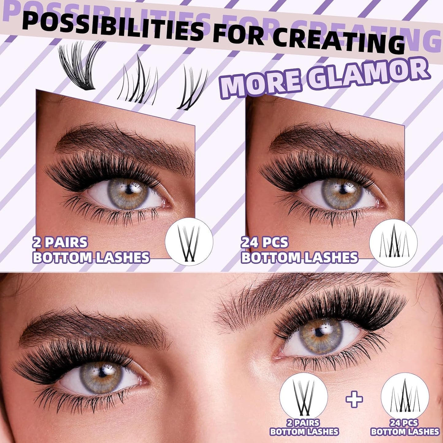 Eyelash Extension Kit - 10-18mm D Curl Lash Clusters with Bottom Lashes | DIY Bond & Seal Applicator