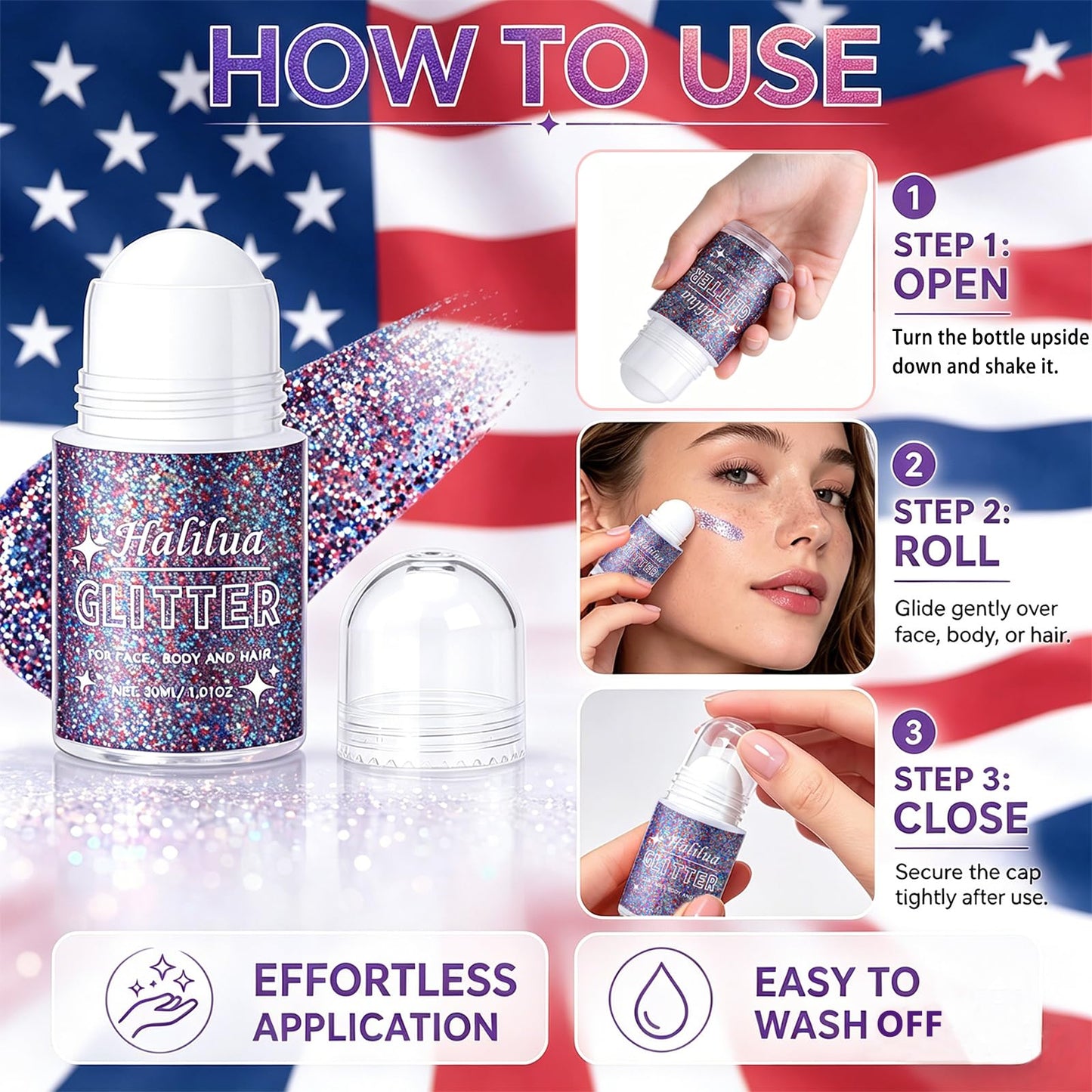 Red White and Blue Body Glitter Gel,4th of July Accessories Roll-on Face Glitter,Sparkling Face Hair Glitter for 4th of July Outfits Women Kids,Patriotic Glitters President's Day Rave Festival Makeup