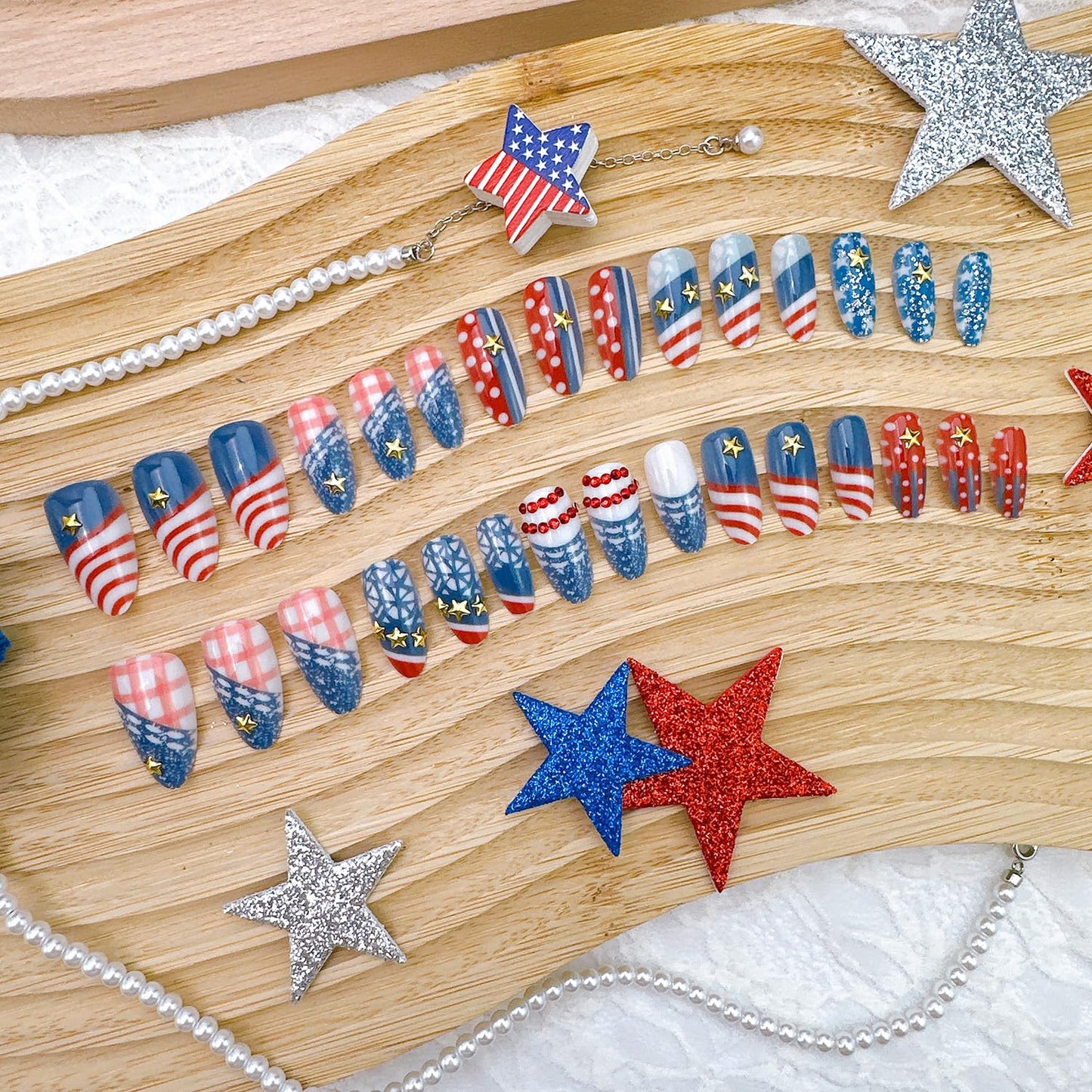 30Pcs 4th of July Press-On Nails - Medium Almond Acrylic Nails with Gold Star & Red Rhinestones | Patriotic Independence Day Design