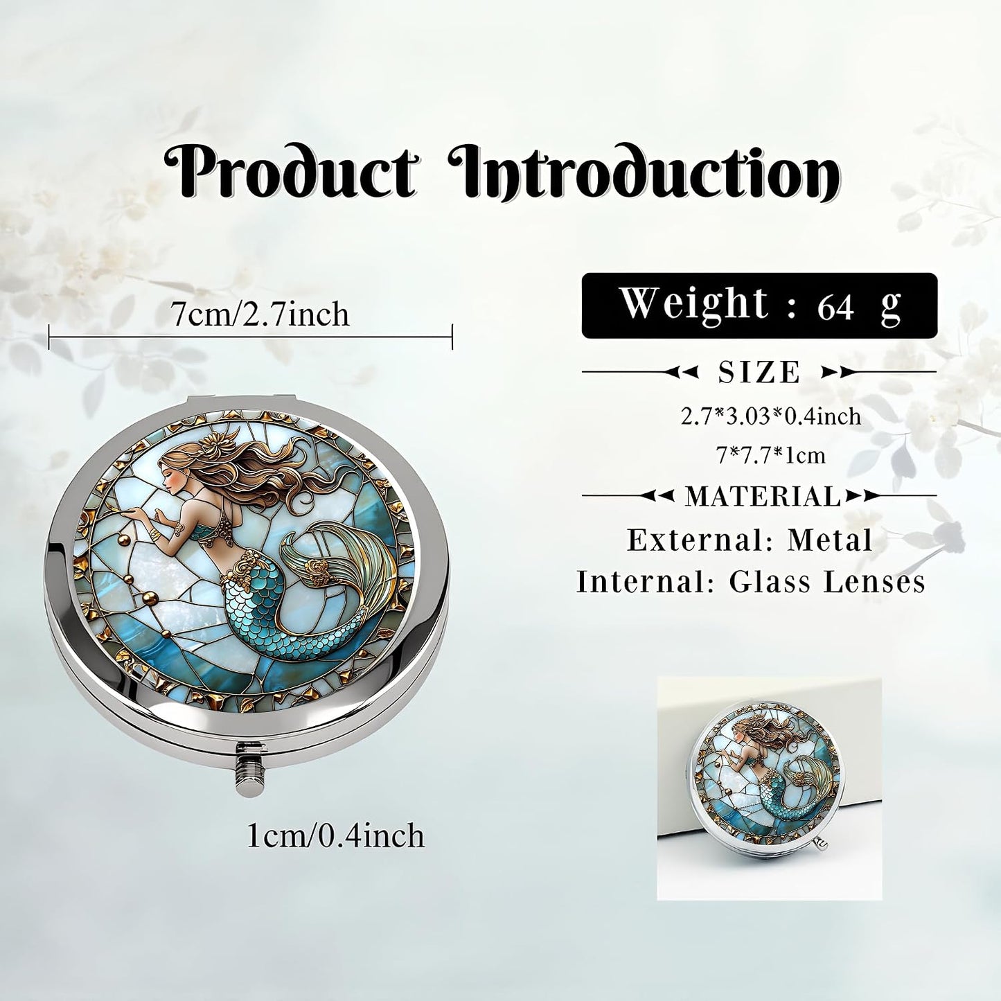 Double-Sided Silver Compact Mirror - 2.8x2.8 Inch Mermaid Design | Perfect Gift for Women