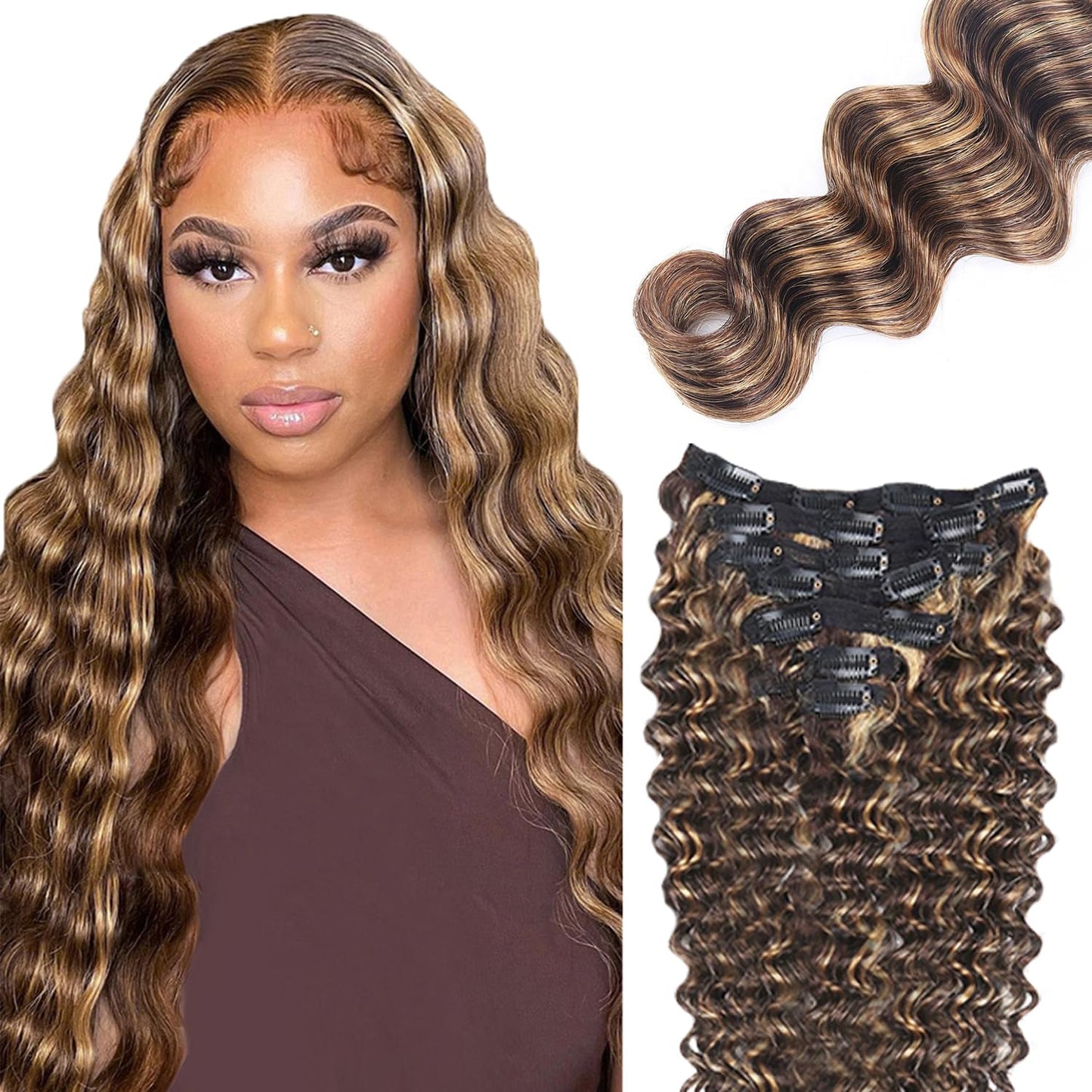 P427 Blonde Clip in Hair Extensions Real Human Hair, 22 Inch 120g/7Pcs,Full Shine Remy Human Hair,Highlight Brown Deep Wave Clip ins Brazilian Virgin Human Hair Extensions